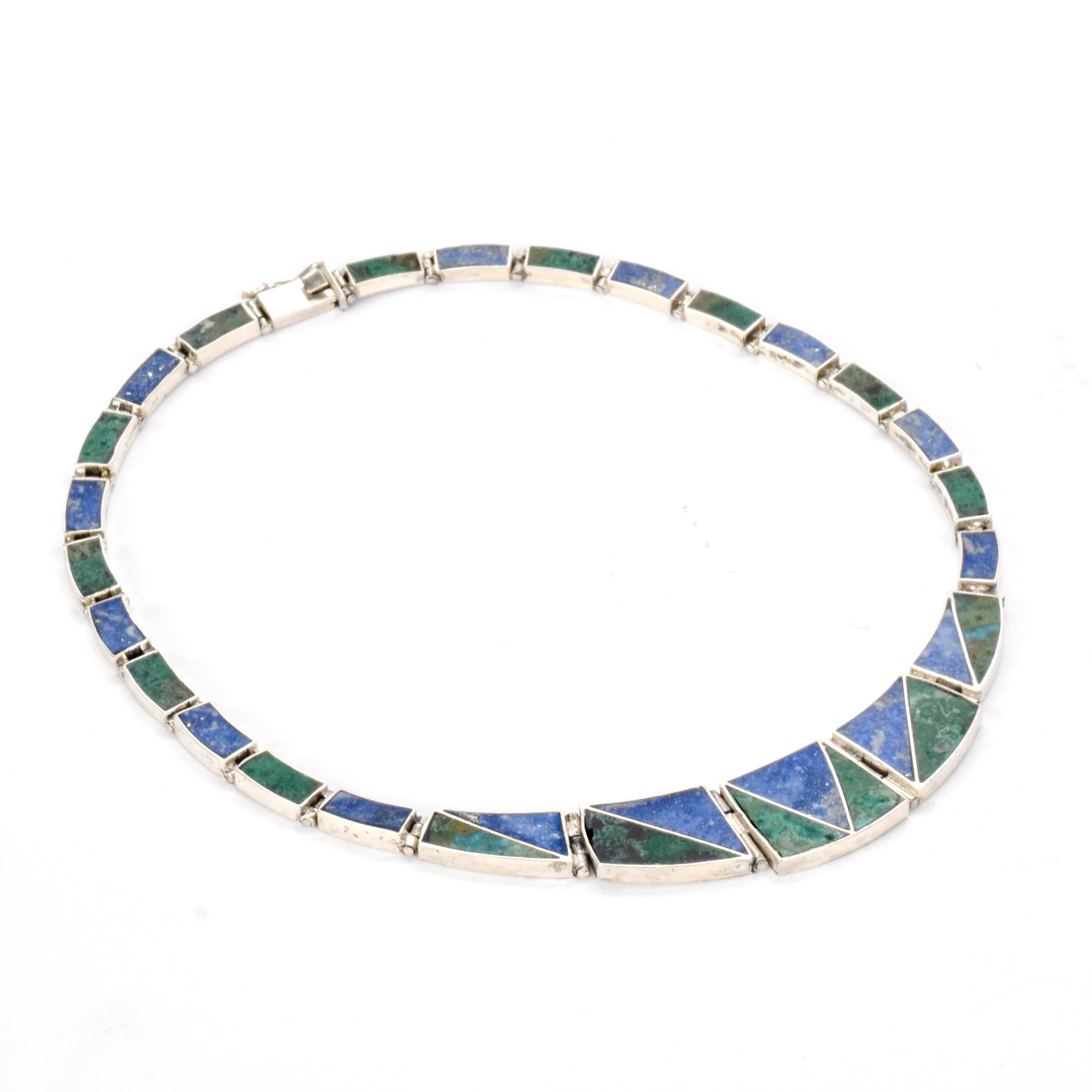 Mexican 950 Silver Malachite and Lapis Lazuli Link Necklace