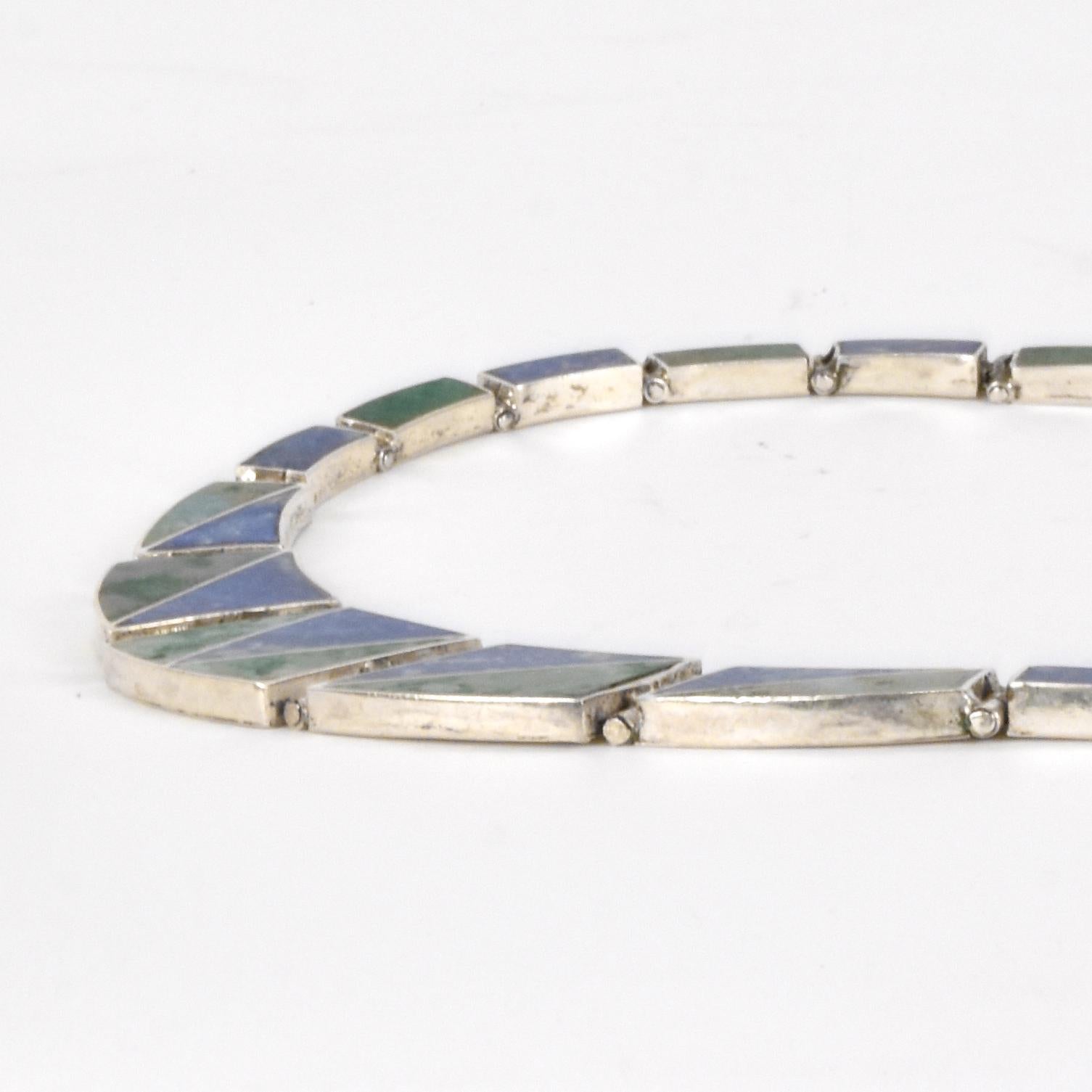 Mexican 950 Silver Malachite and Lapis Lazuli Link Necklace