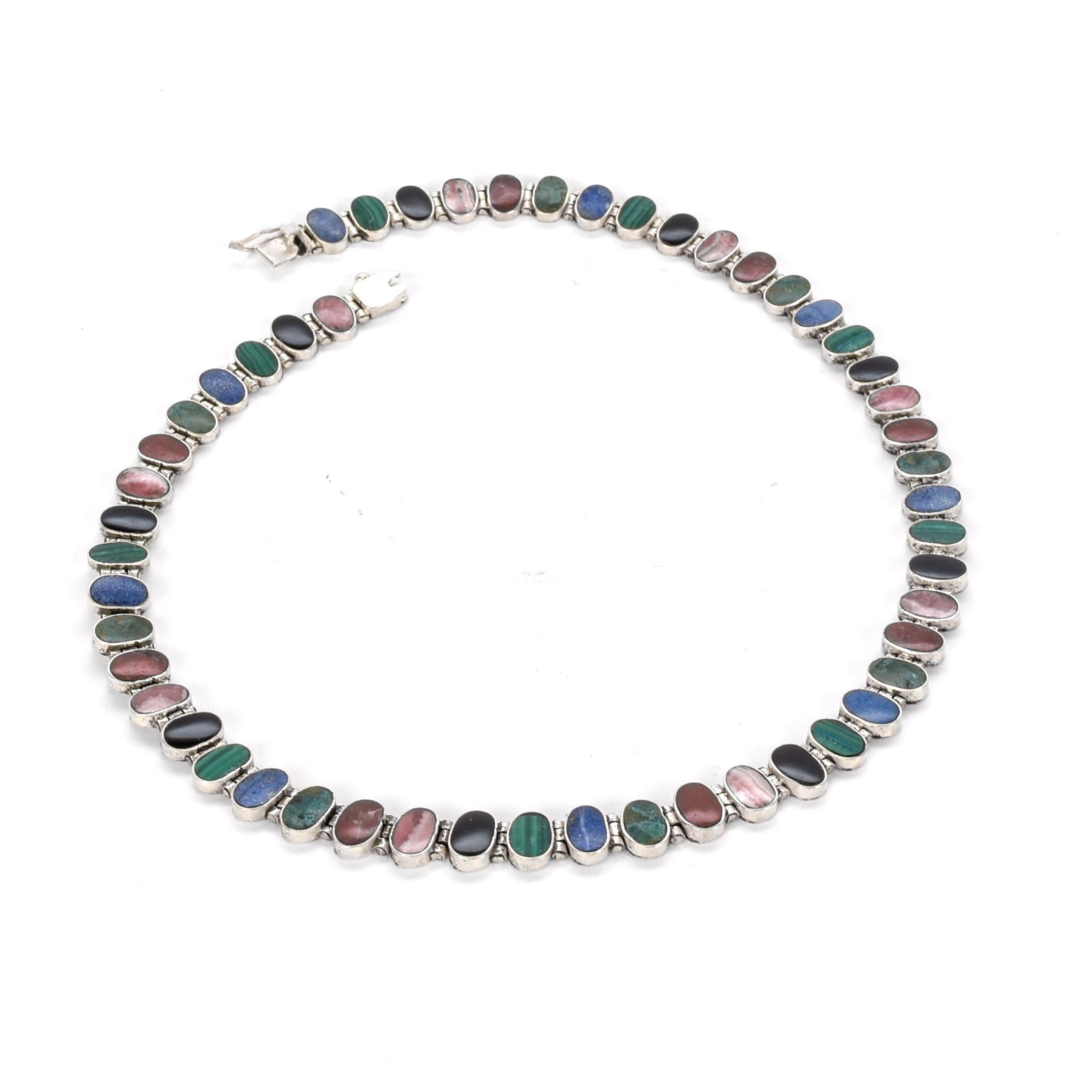 Multi-Gemstone Sterling Silver Chain Link Necklace