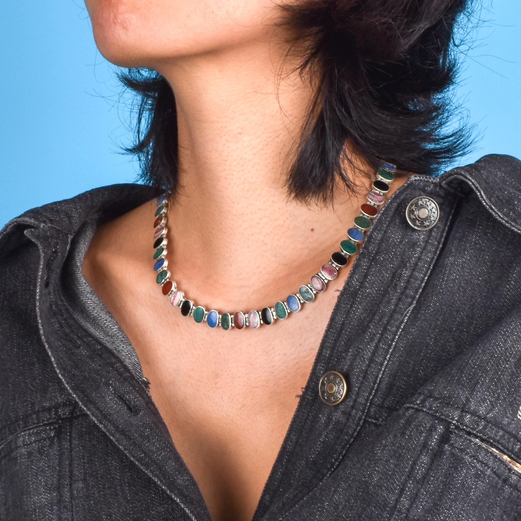 Multi-Gemstone Sterling Silver Chain Link Necklace