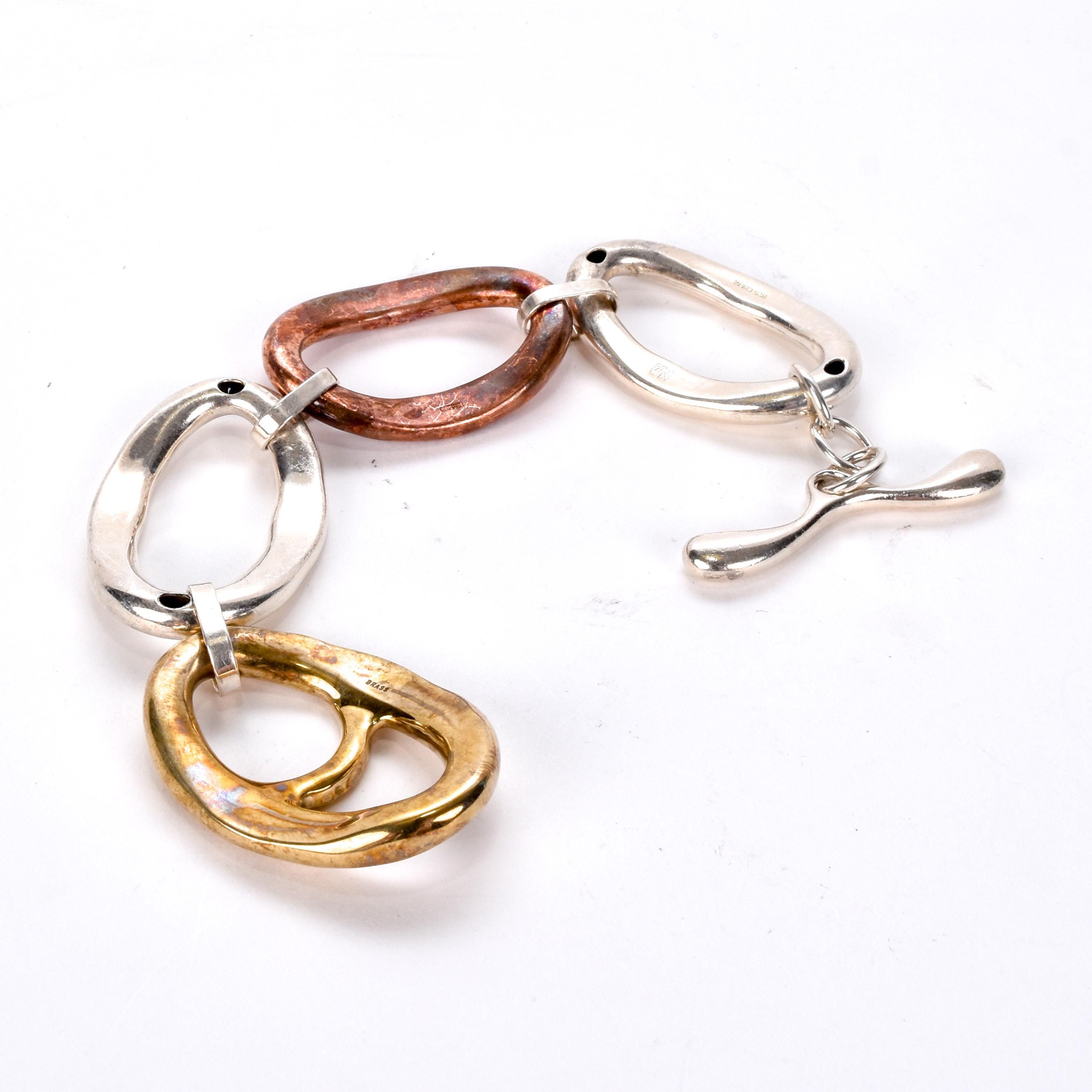 Three-Tone Silver. Brass, and Copper Chunky Link Bracelet