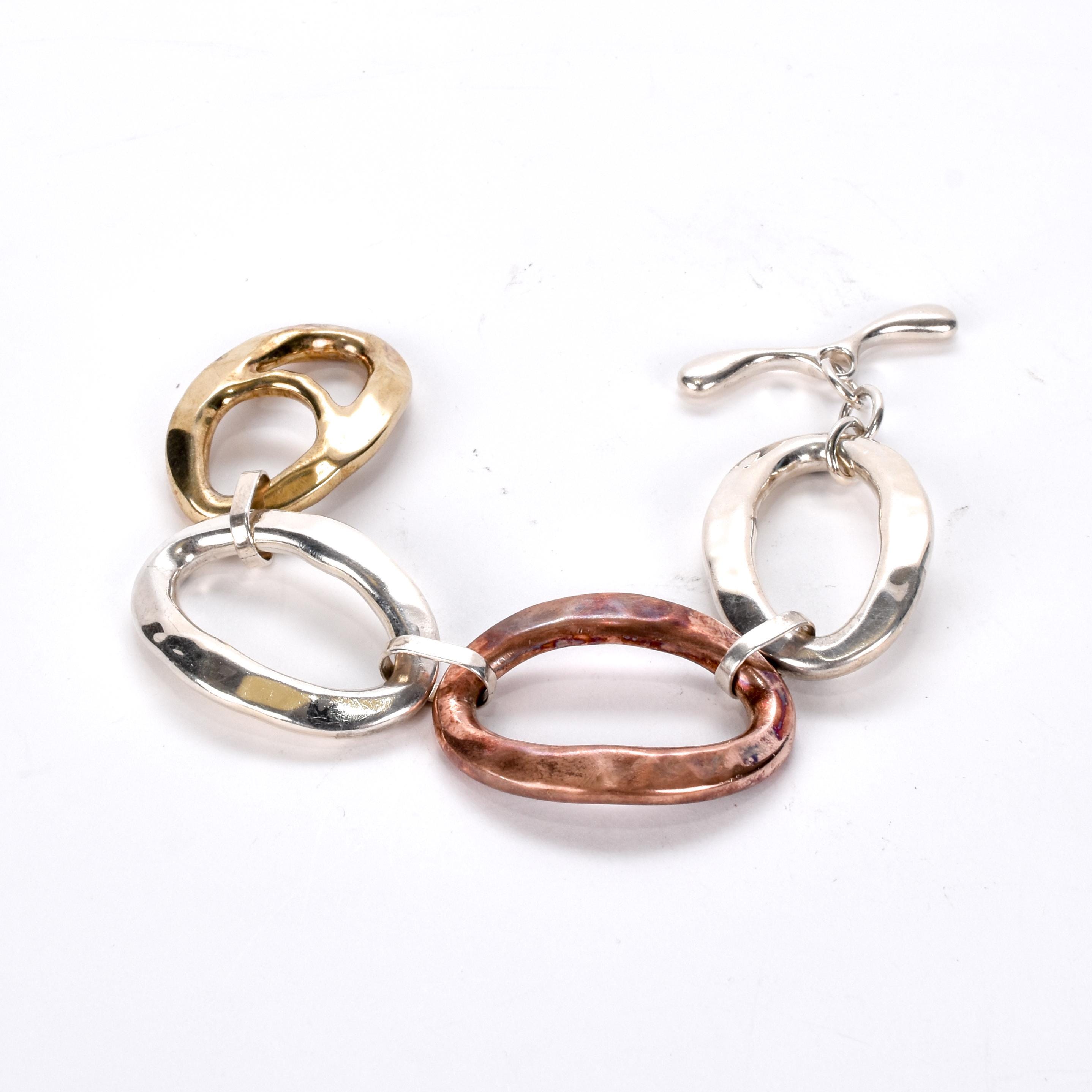 Three-Tone Silver. Brass, and Copper Chunky Link Bracelet