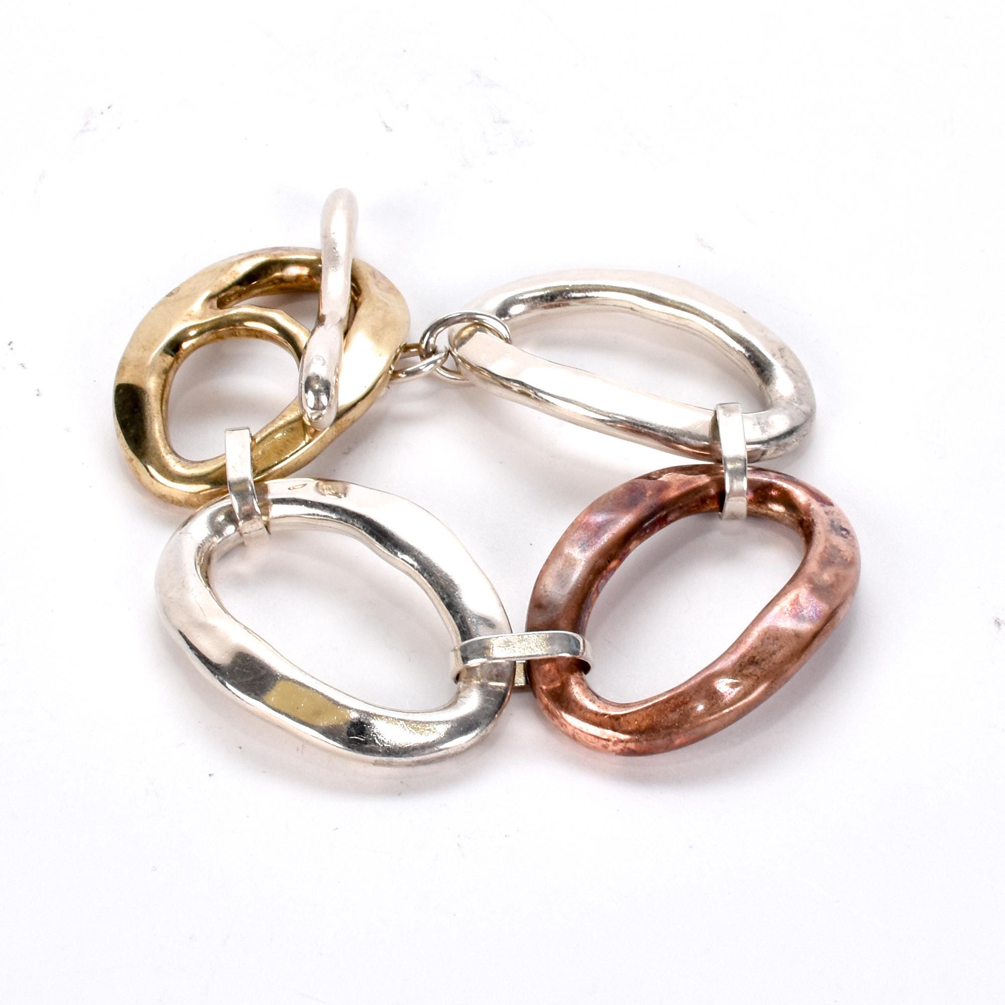 Three-Tone Silver. Brass, and Copper Chunky Link Bracelet