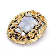 Estate Cameo Brooch with Carved Natural Opal, Black Onyx, 14K Gold and Diamond