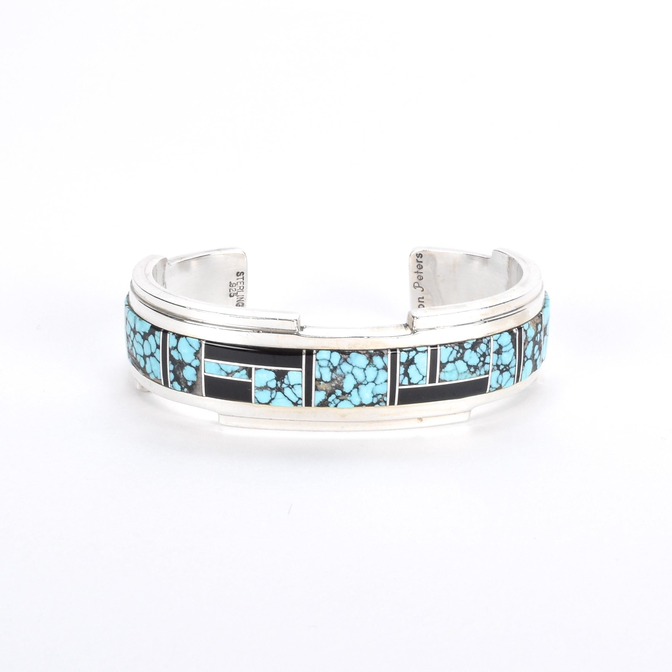 Turquoise and Black Onyx Sterling Silver Inlay Cuff