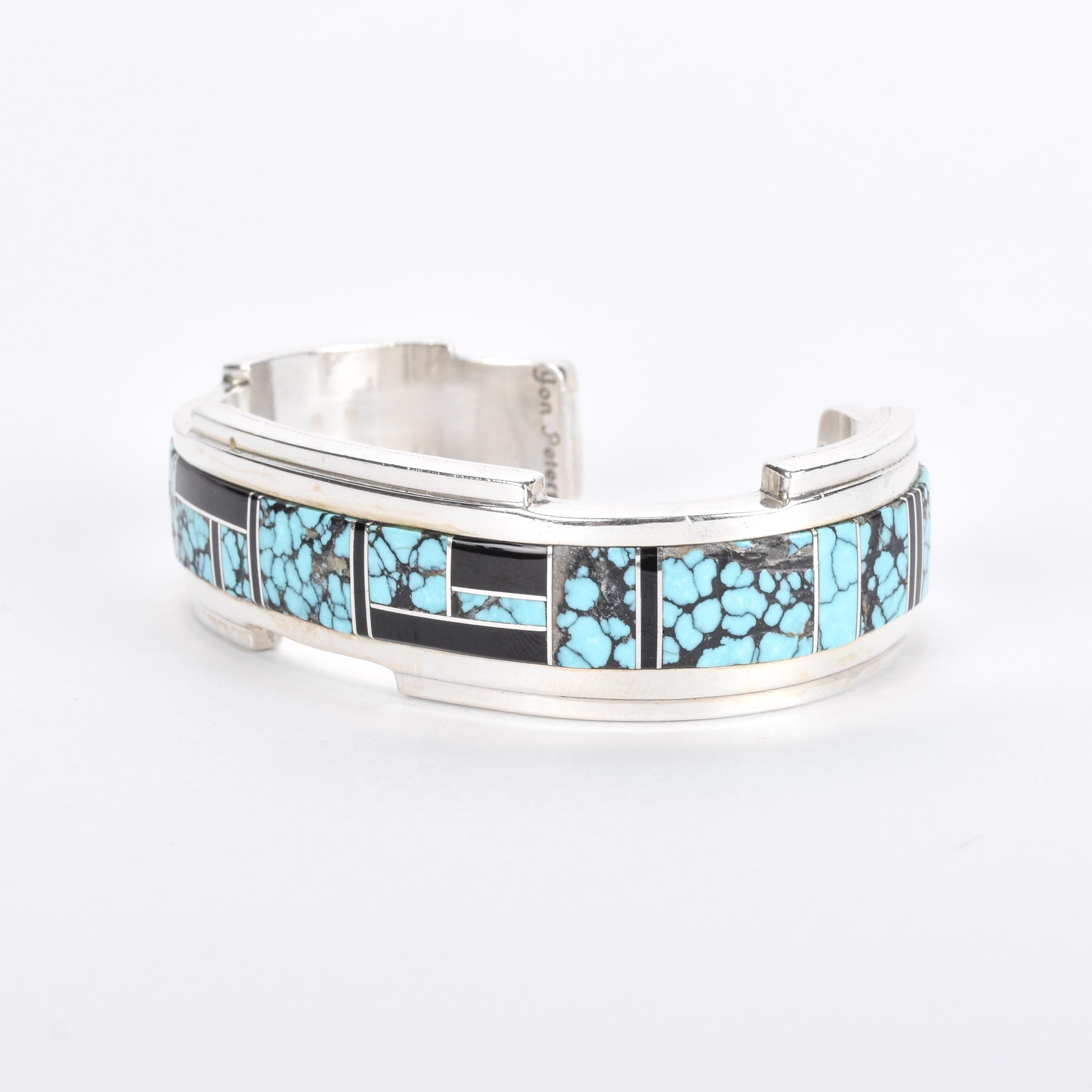Turquoise and Black Onyx Sterling Silver Inlay Cuff