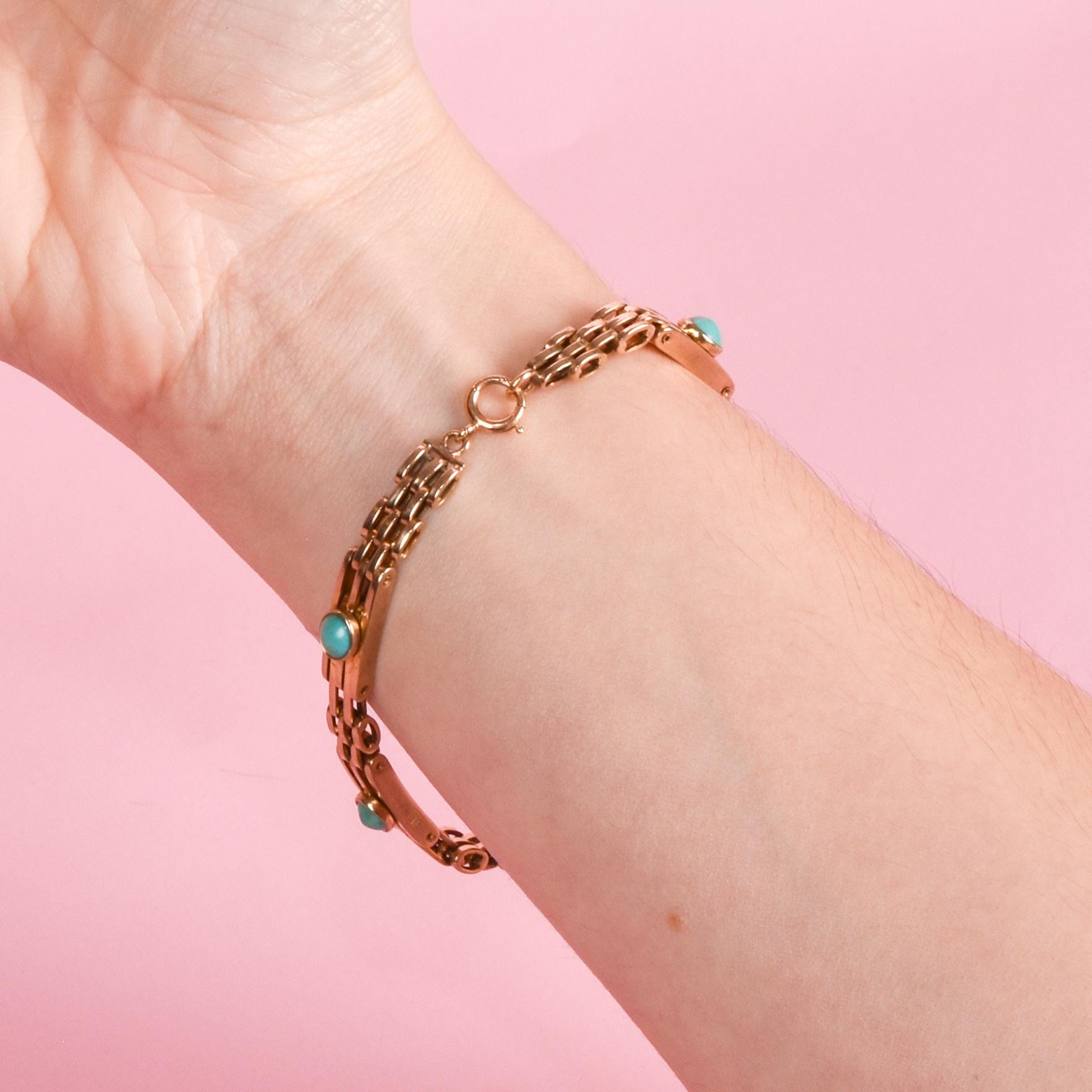 Edwardian Style 9ct Rose Gold Turquoise Gate Bracelet