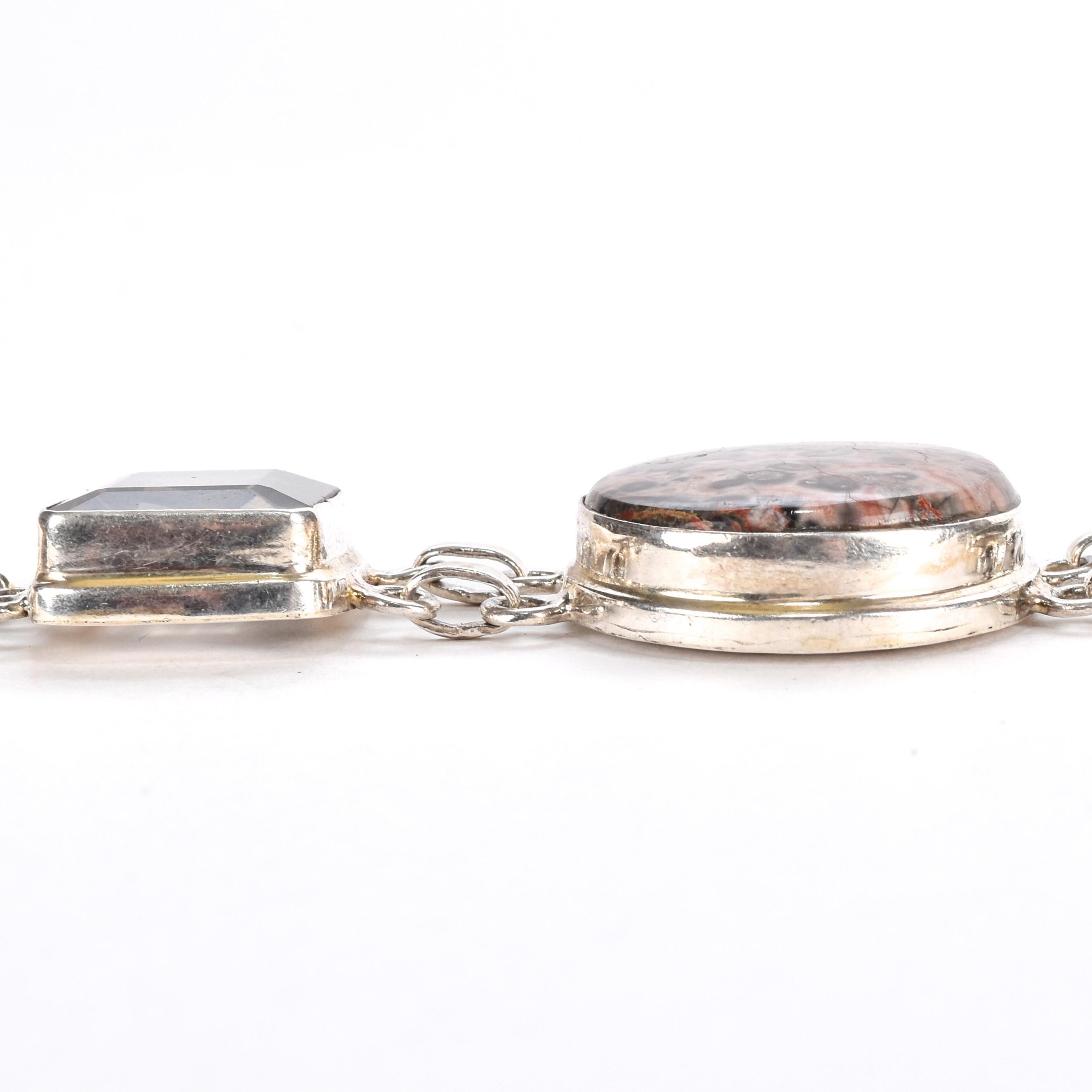Sterling Rainforest Jasper and Smoky Quartz Link Bracelet