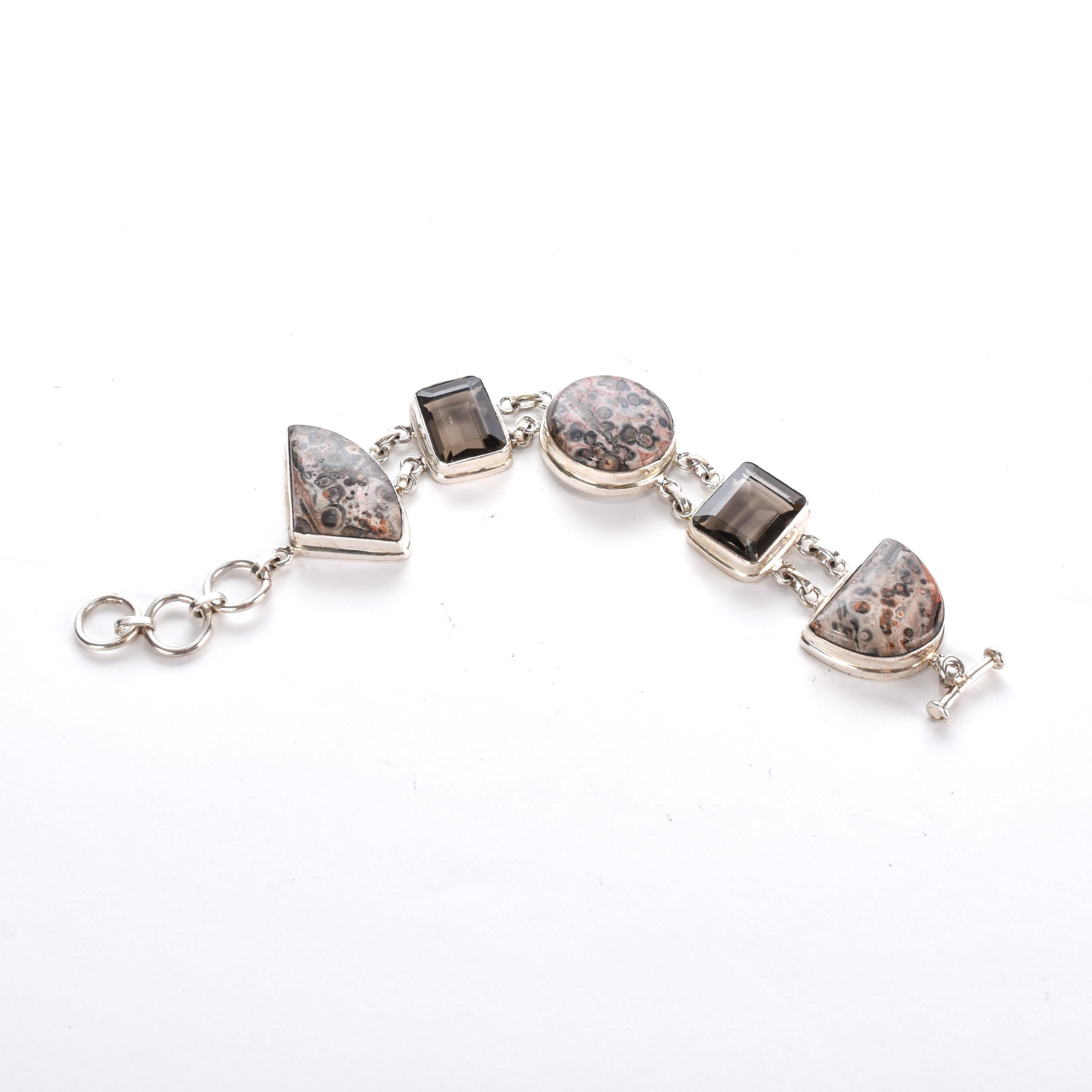 Sterling Rainforest Jasper and Smoky Quartz Link Bracelet