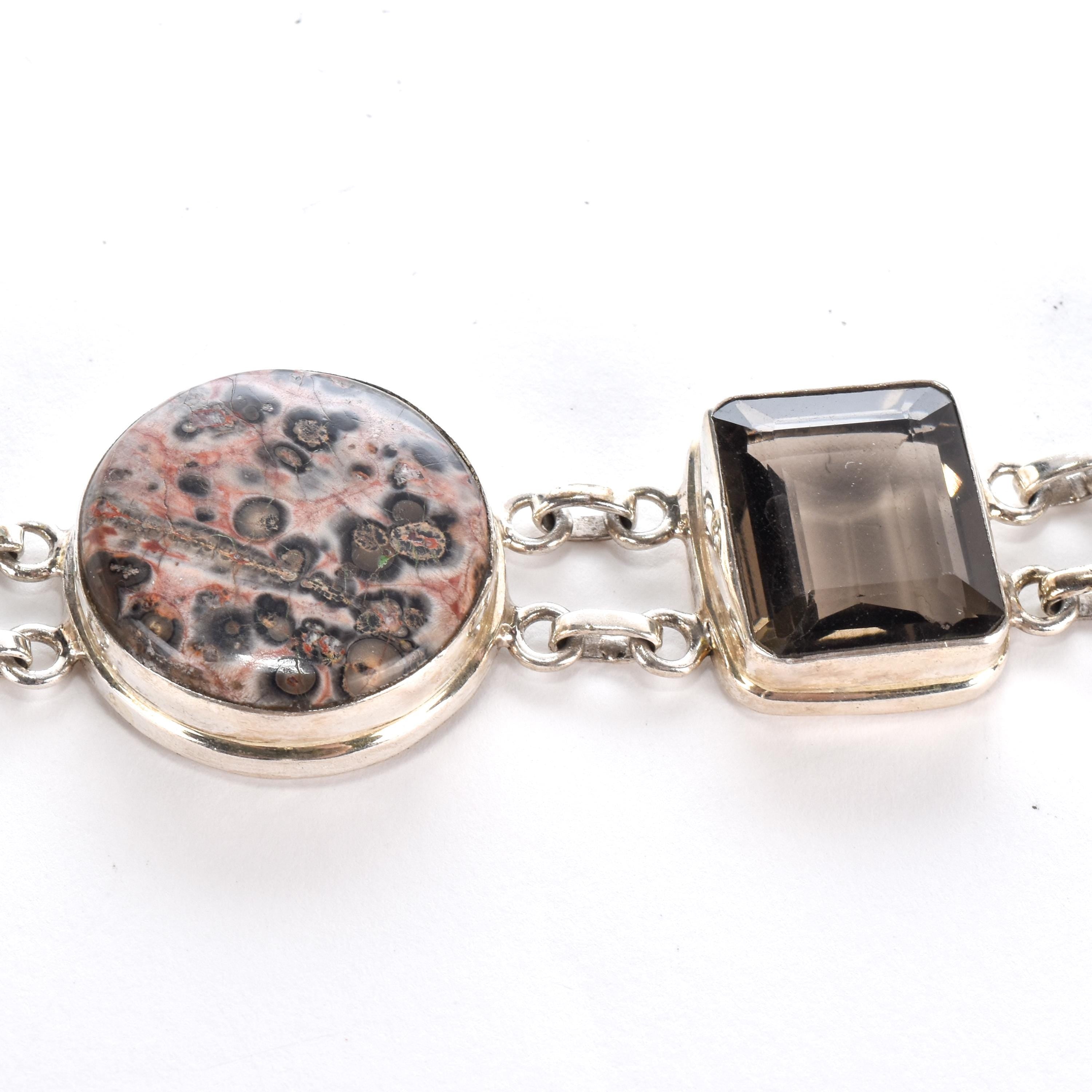 Sterling Rainforest Jasper and Smoky Quartz Link Bracelet