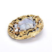 Estate Cameo Brooch with Carved Natural Opal, Black Onyx, 14K Gold and Diamond