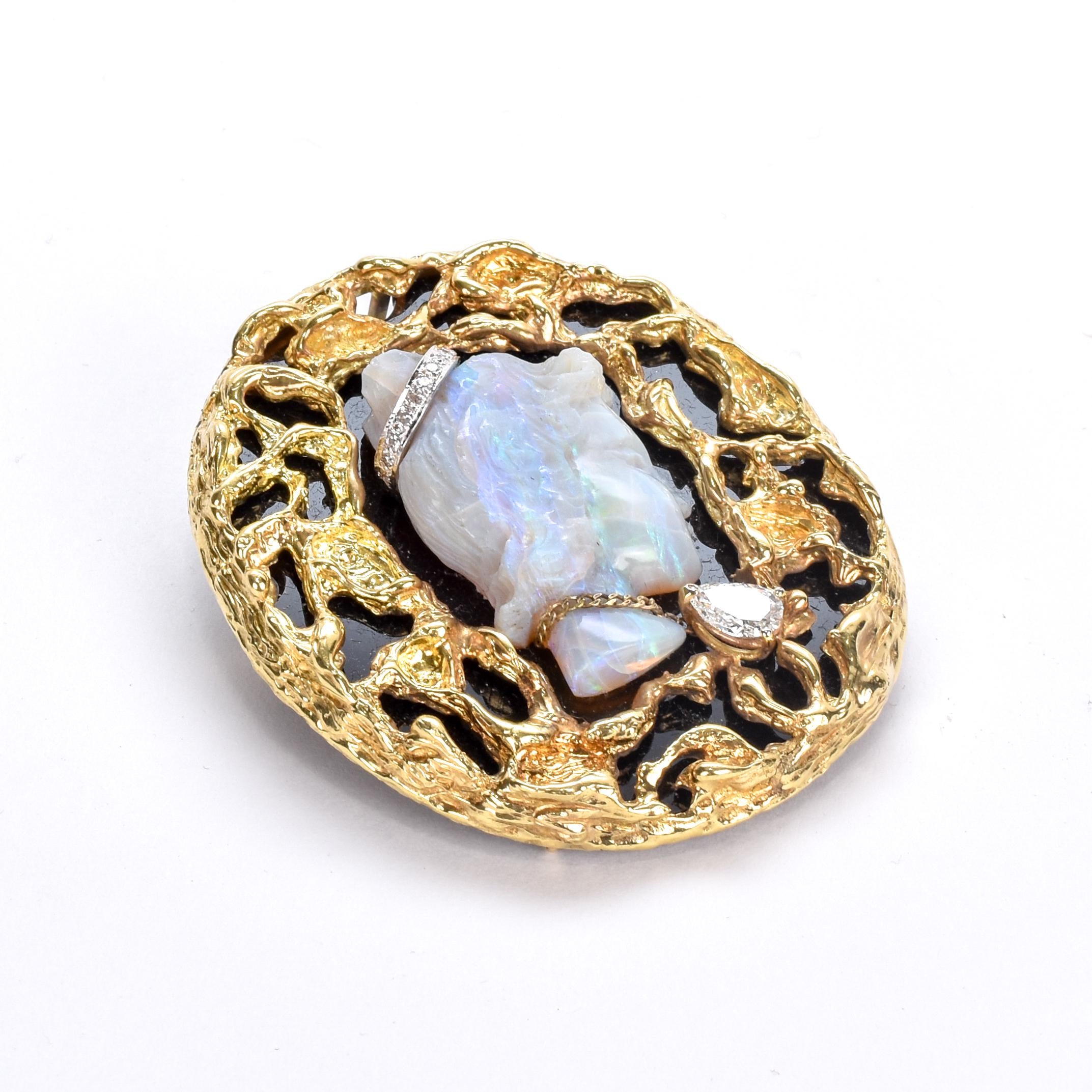 Estate Cameo Brooch with Carved Natural Opal, Black Onyx, 14K Gold and Diamond