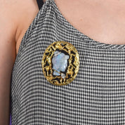 Estate Cameo Brooch with Carved Natural Opal, Black Onyx, 14K Gold and Diamond
