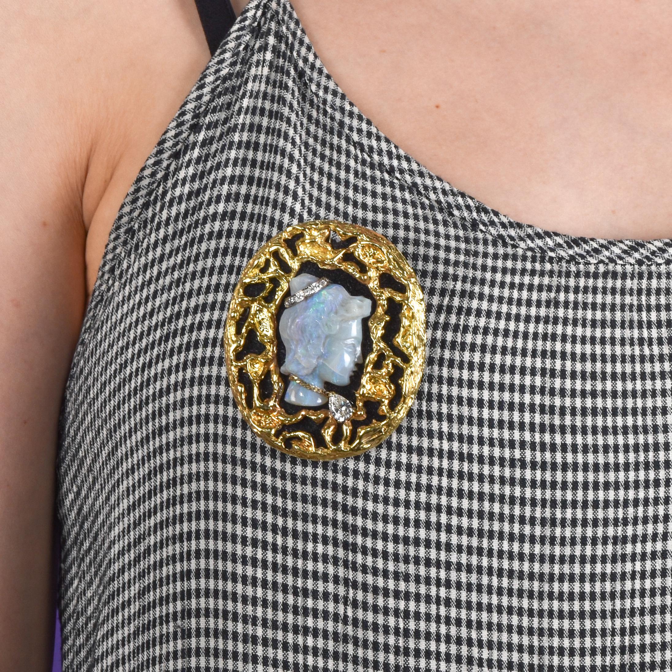 Estate Cameo Brooch with Carved Natural Opal, Black Onyx, 14K Gold and Diamond