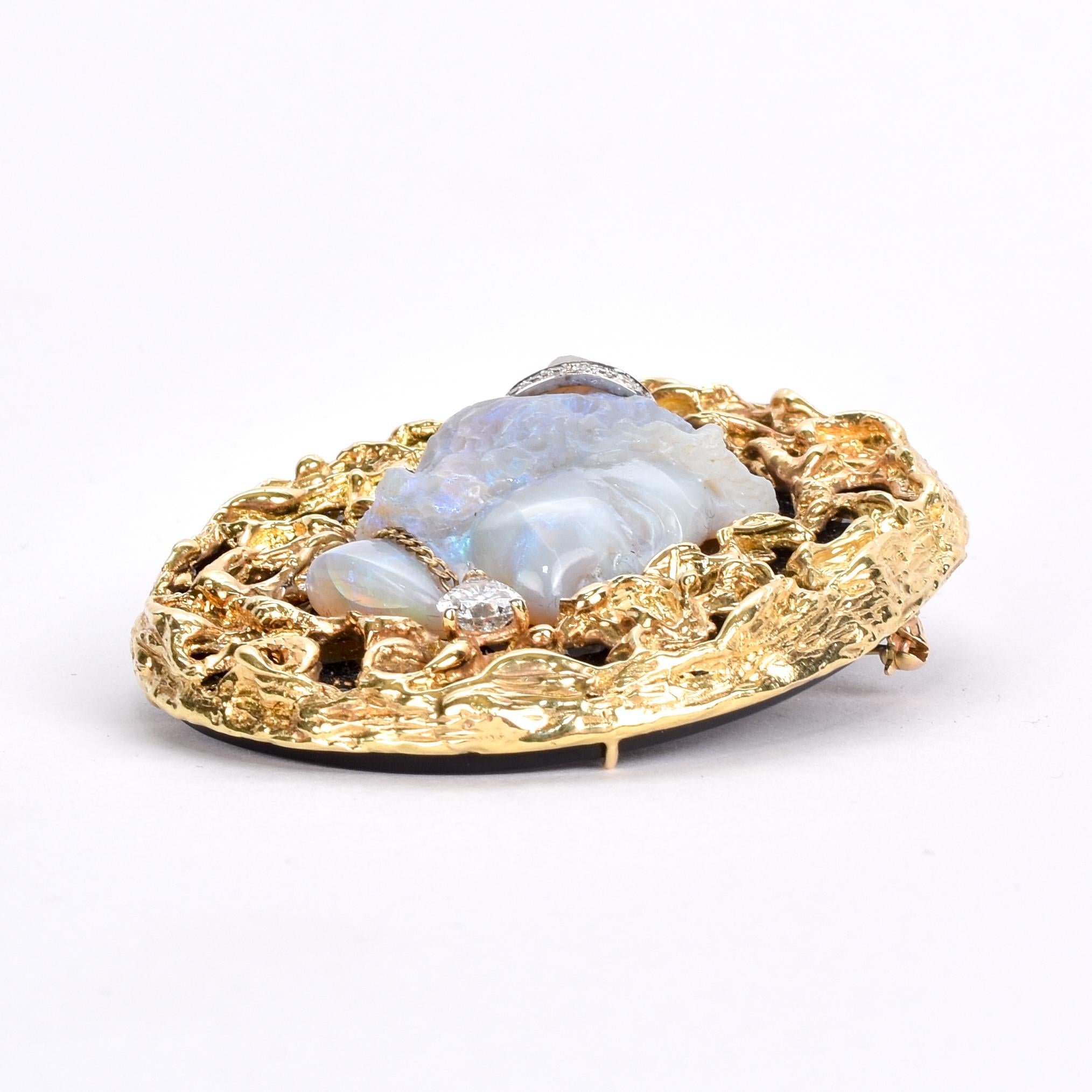 Estate Cameo Brooch with Carved Natural Opal, Black Onyx, 14K Gold and Diamond