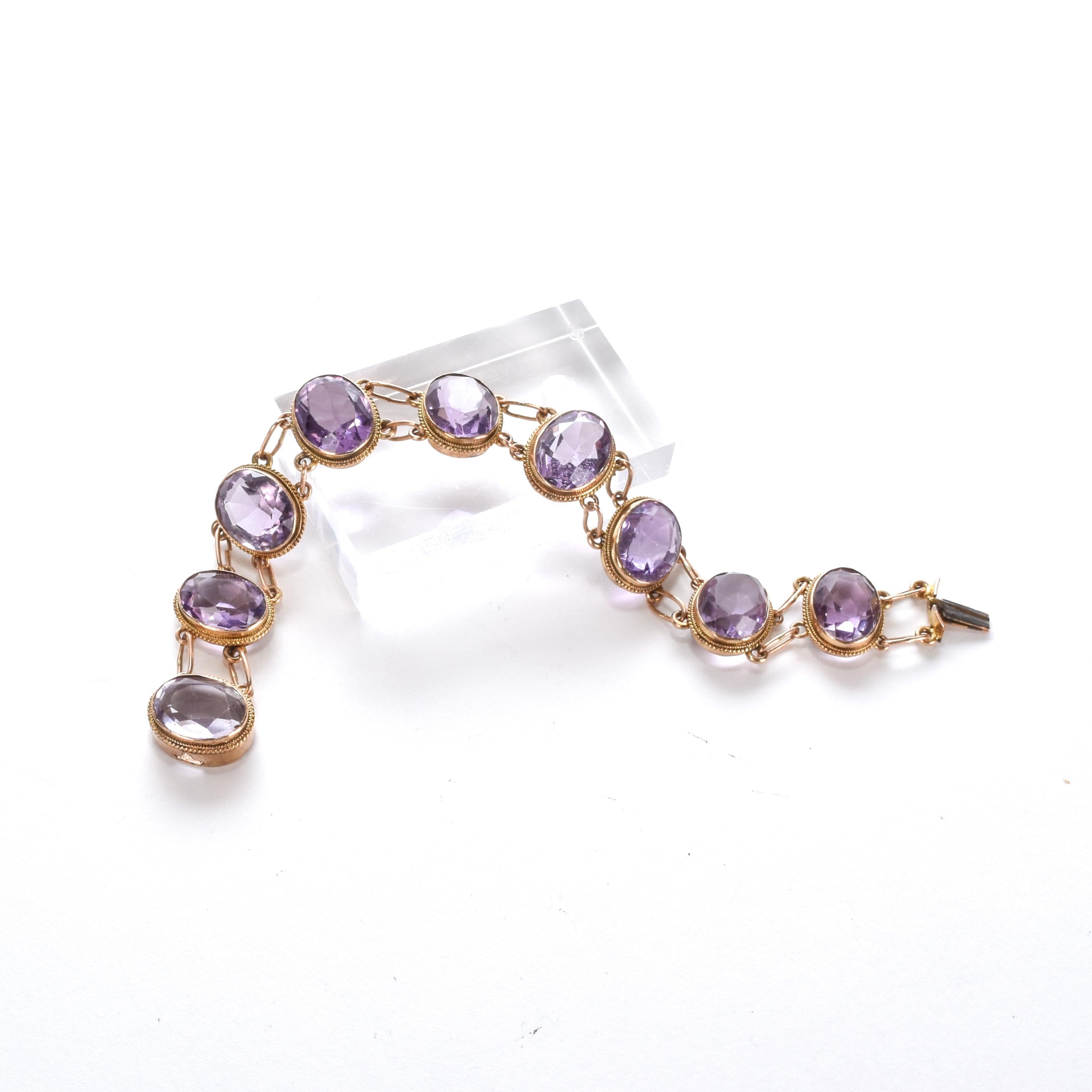 Vintage Victorian Style Gold Filled Amethyst Link Bracelet, Gold-Tone and Amethyst Bracelet, 7in