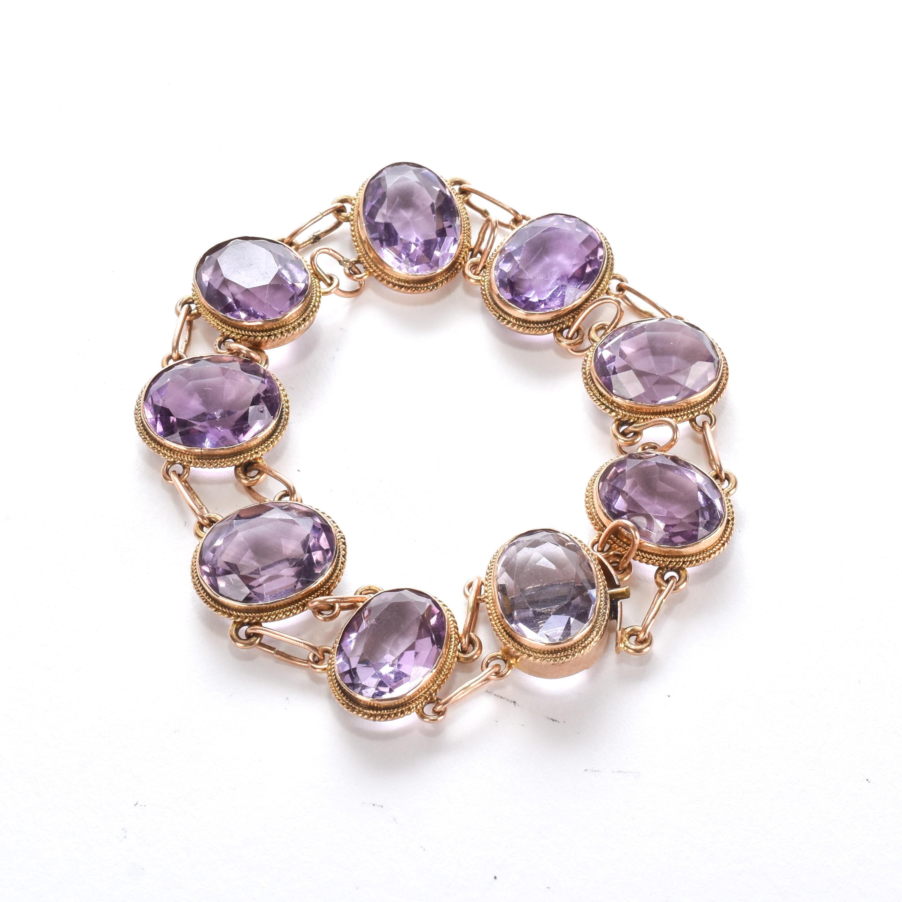 Vintage Victorian Style Gold Filled Amethyst Link Bracelet, Gold-Tone and Amethyst Bracelet, 7in