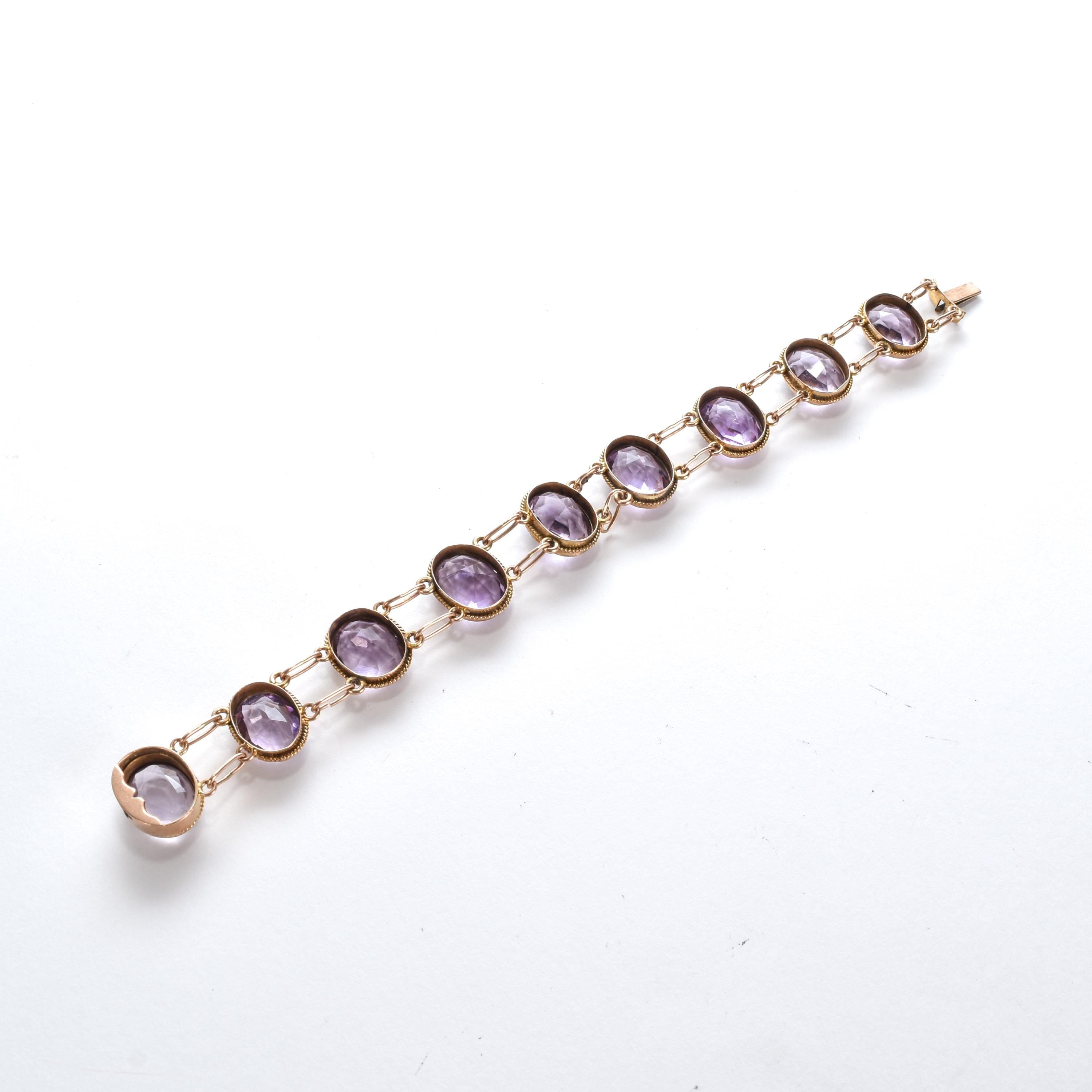 Vintage Victorian Style Gold Filled Amethyst Link Bracelet, Gold-Tone and Amethyst Bracelet, 7in