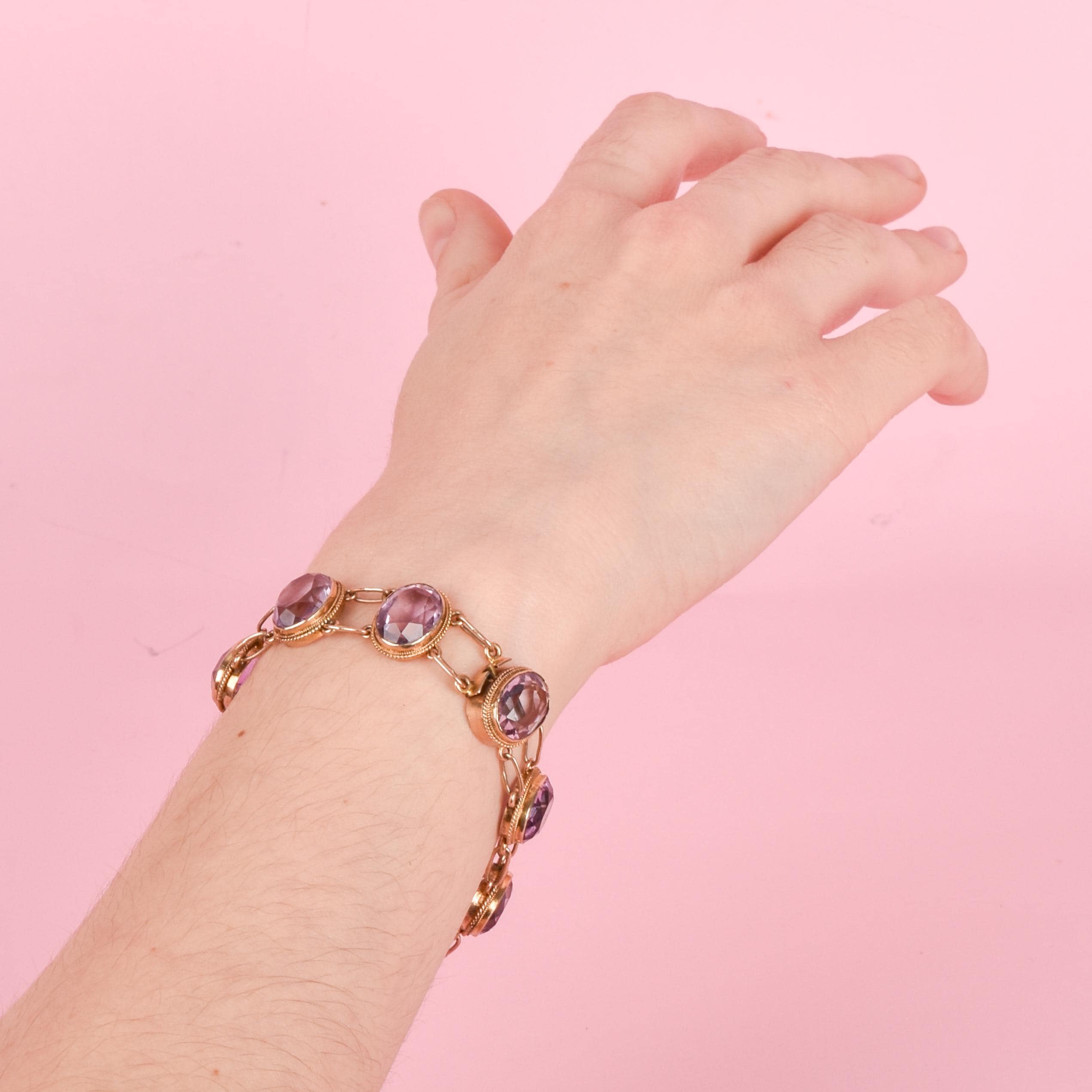 Vintage Victorian Style Gold Filled Amethyst Link Bracelet, Gold-Tone and Amethyst Bracelet, 7in