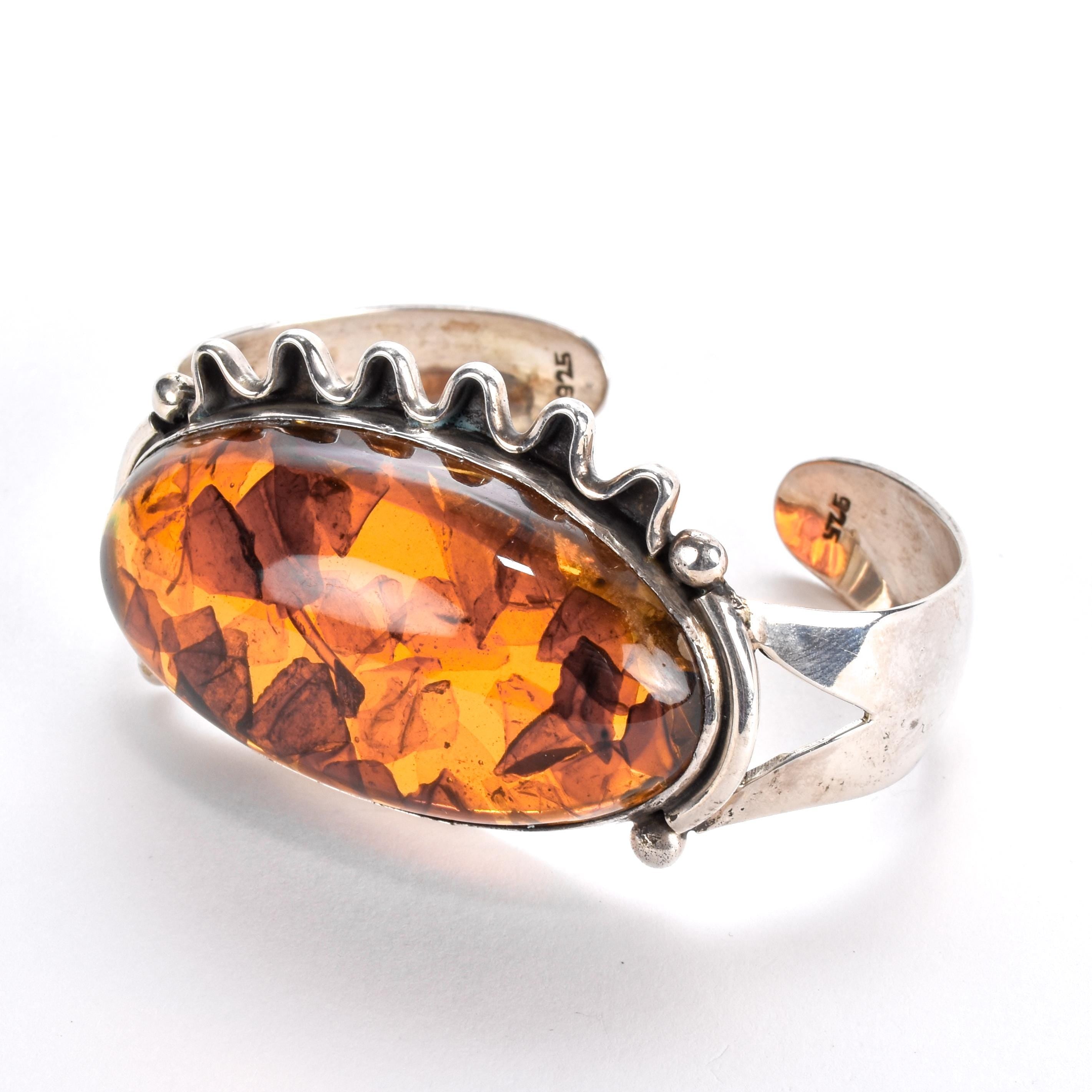 Sterling Silver Massive Amber Cuff Bracelet