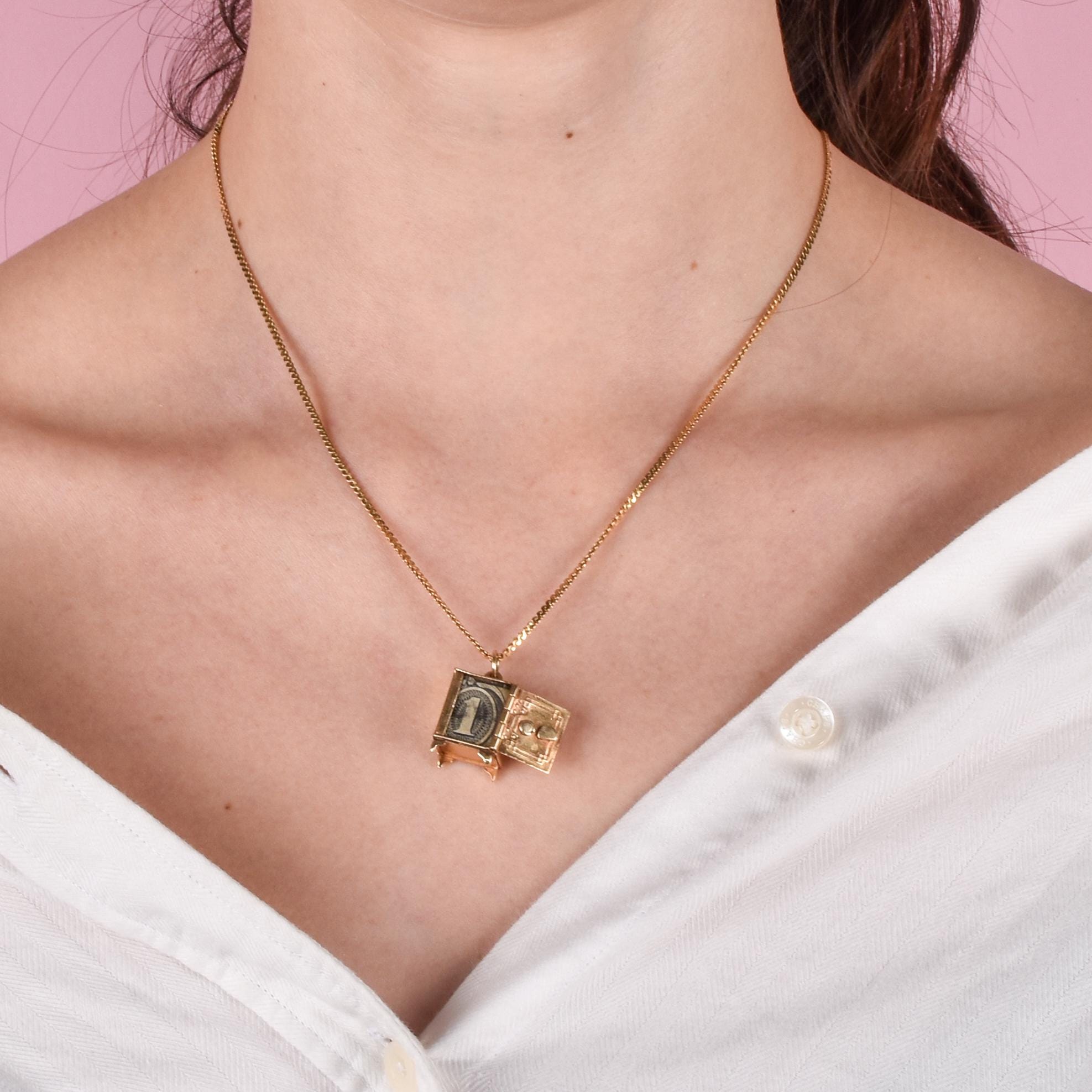 14K Gold Vault Pendant with Emergency Dollar and Locking Door