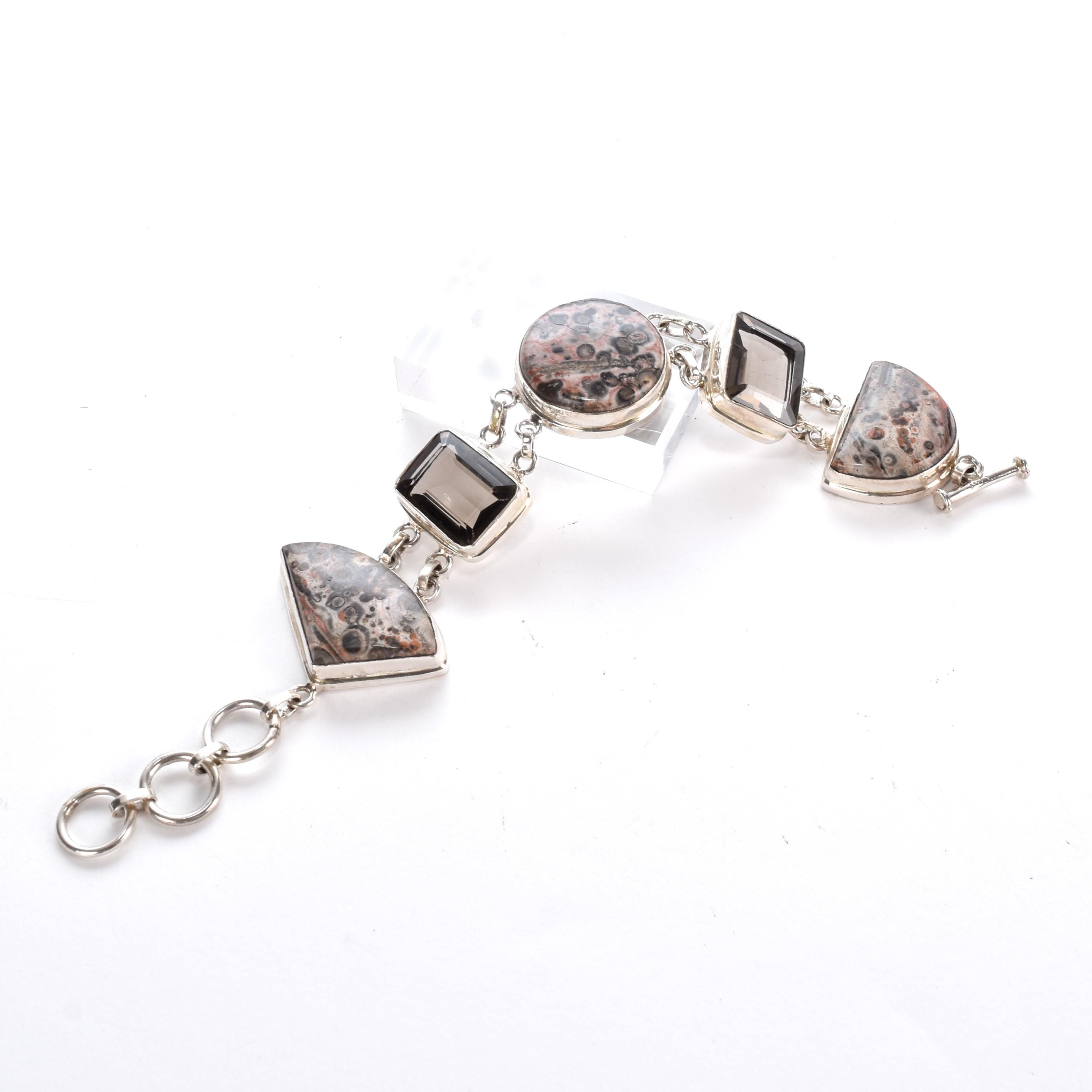 Sterling Rainforest Jasper and Smoky Quartz Link Bracelet