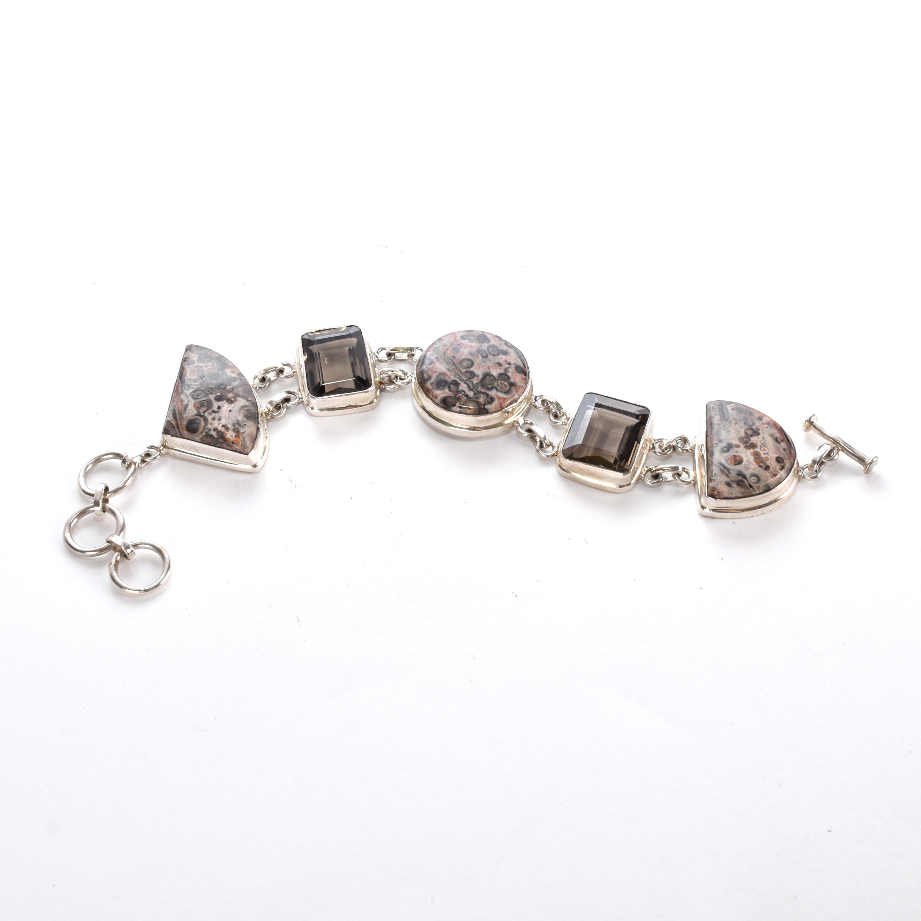 Sterling Rainforest Jasper and Smoky Quartz Link Bracelet
