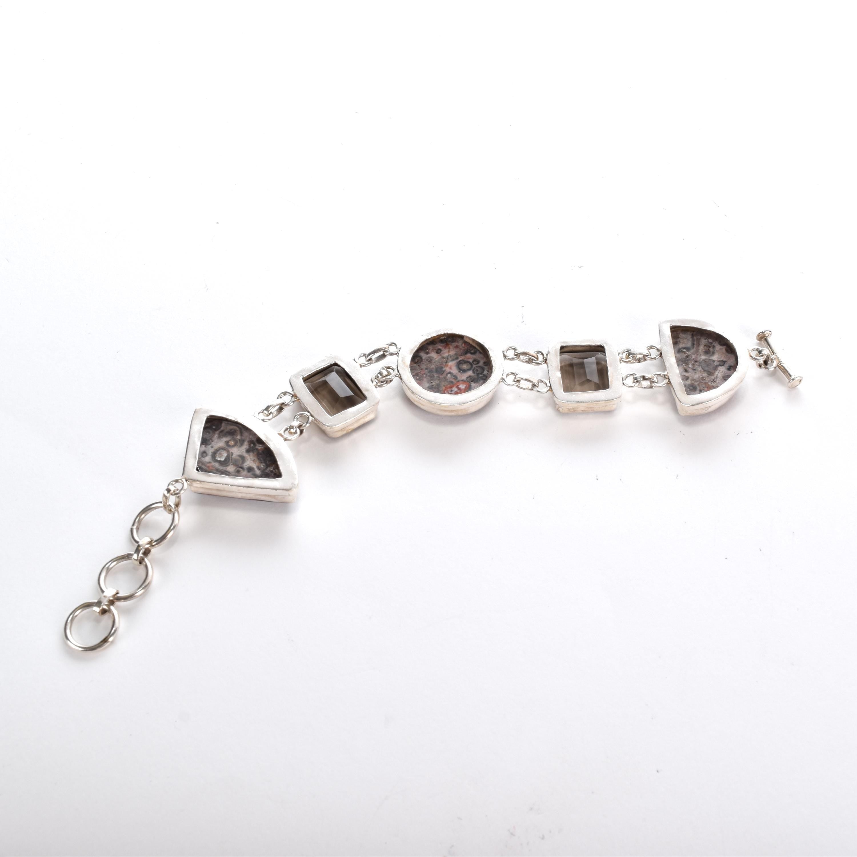 Sterling Rainforest Jasper and Smoky Quartz Link Bracelet