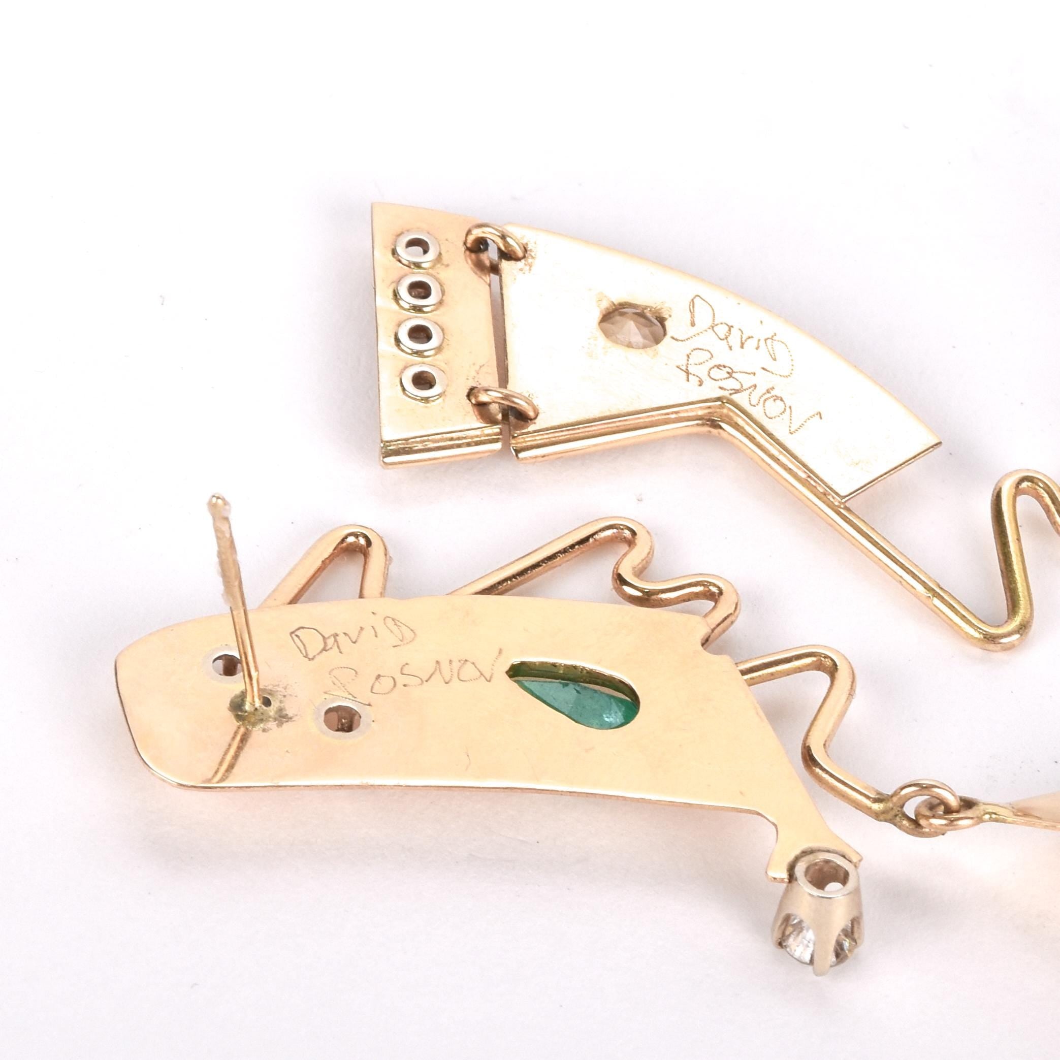 Signed 14K Gold Abstract Earrings with Multiple Gemstones
