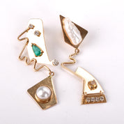 Signed 14K Gold Abstract Earrings with Multiple Gemstones