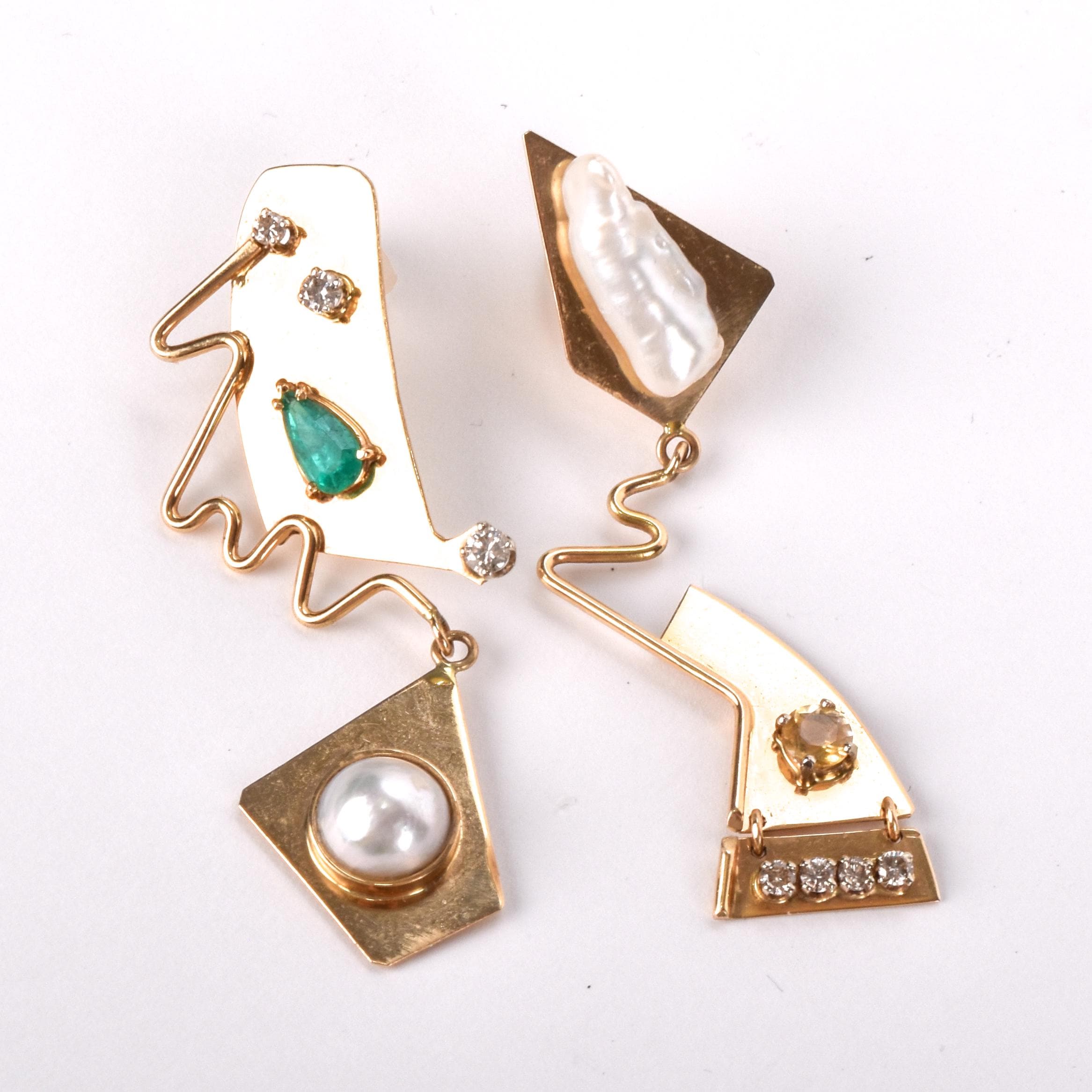 Signed 14K Gold Abstract Earrings with Multiple Gemstones