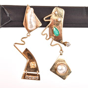 Signed 14K Gold Abstract Earrings with Multiple Gemstones