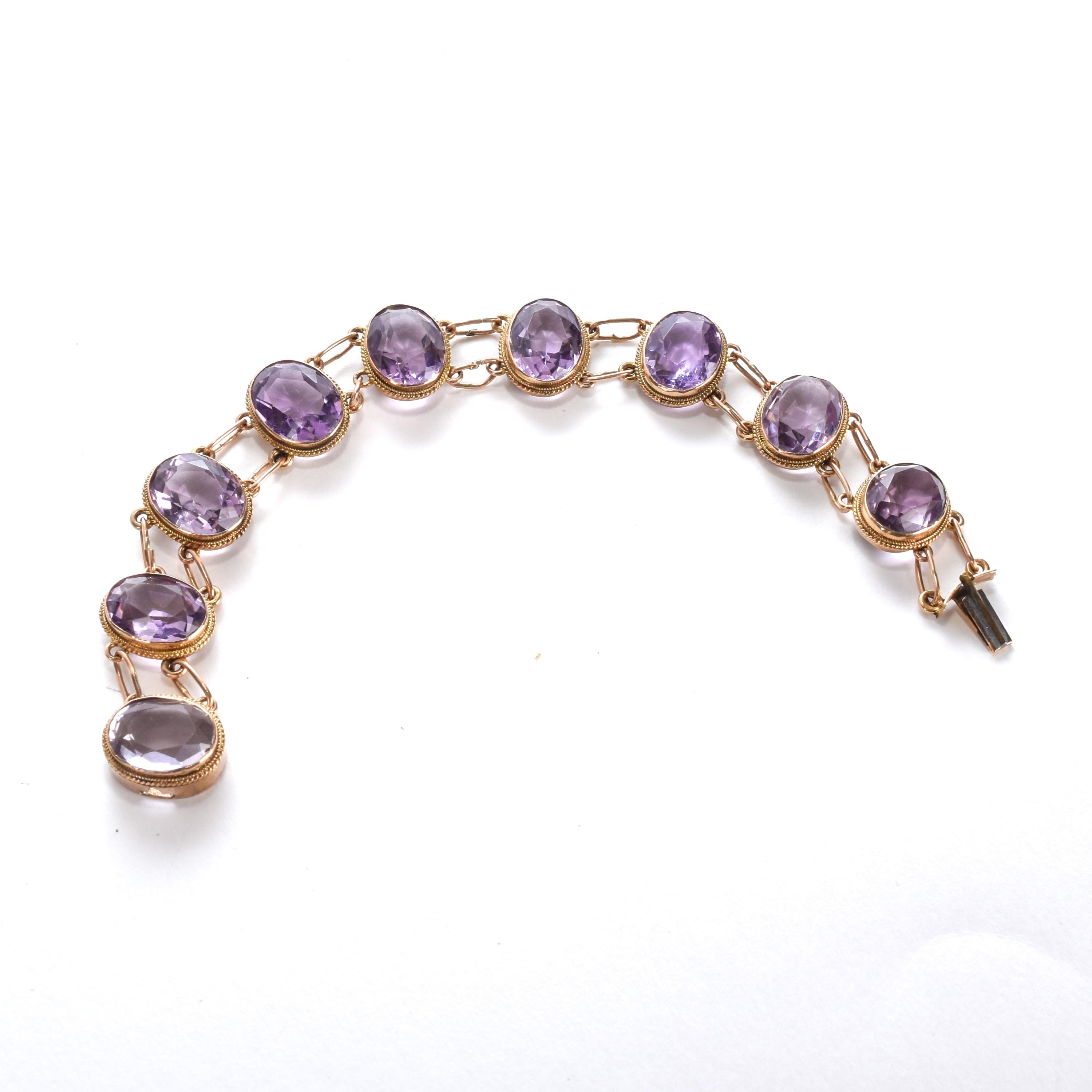 Vintage Victorian Style Gold Filled Amethyst Link Bracelet, Gold-Tone and Amethyst Bracelet, 7in