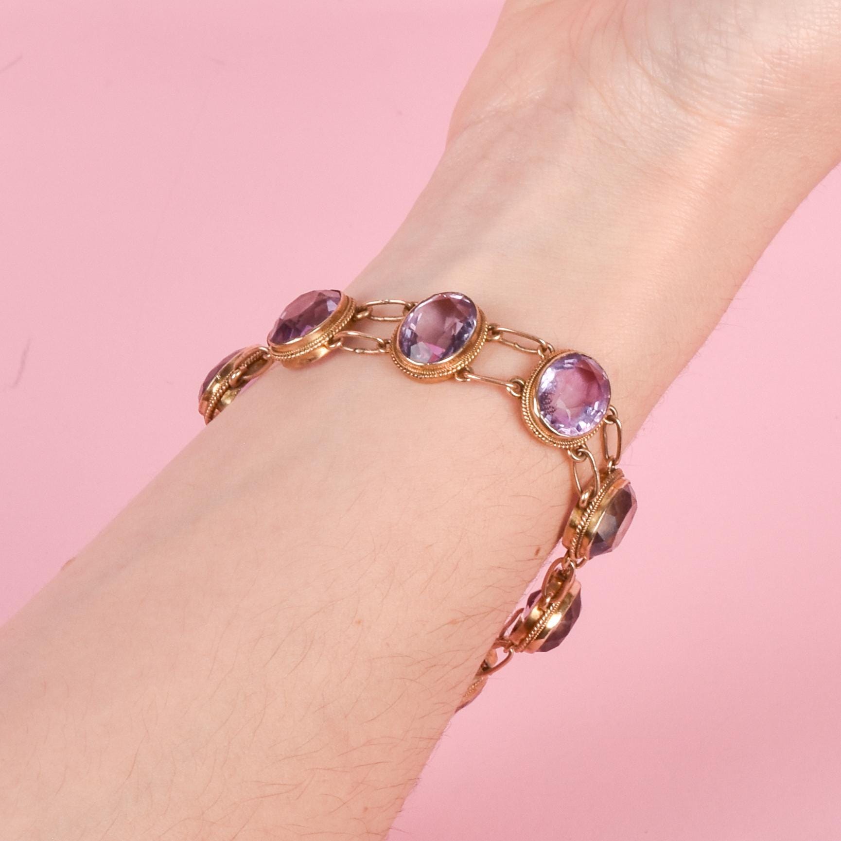 Vintage Victorian Style Gold Filled Amethyst Link Bracelet, Gold-Tone and Amethyst Bracelet, 7in