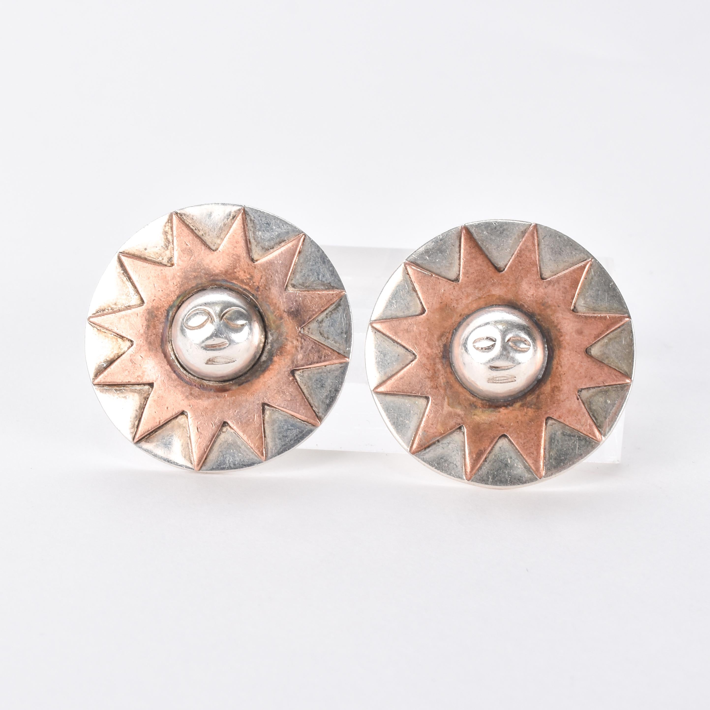 William Spratling Sterling Silver and Copper Sun Earrings