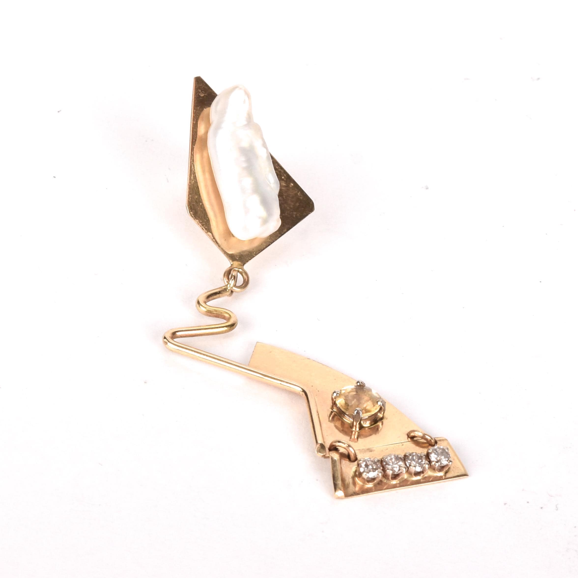 Signed 14K Gold Abstract Earrings with Multiple Gemstones