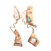 Signed 14K Gold Abstract Earrings with Multiple Gemstones