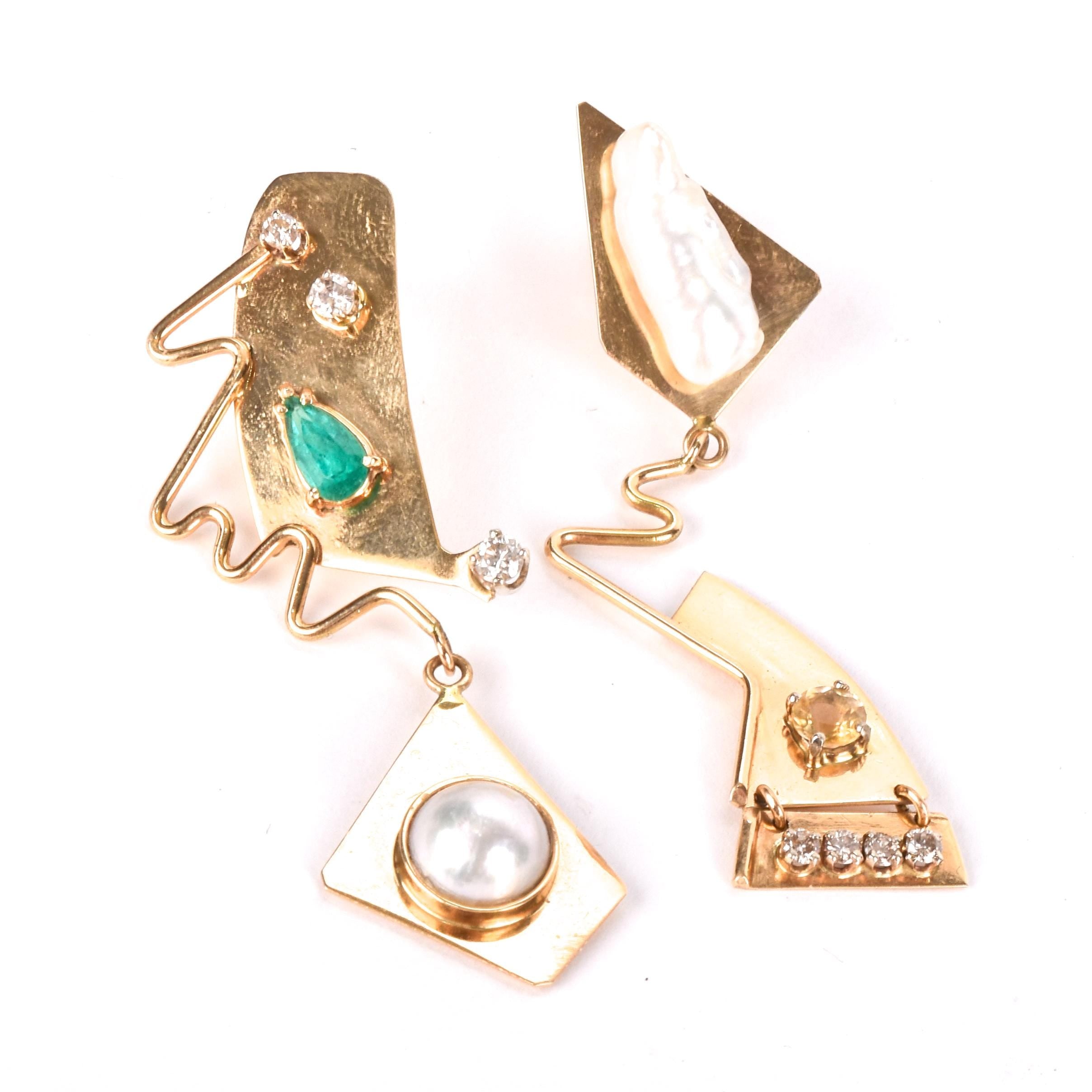 Signed 14K Gold Abstract Earrings with Multiple Gemstones