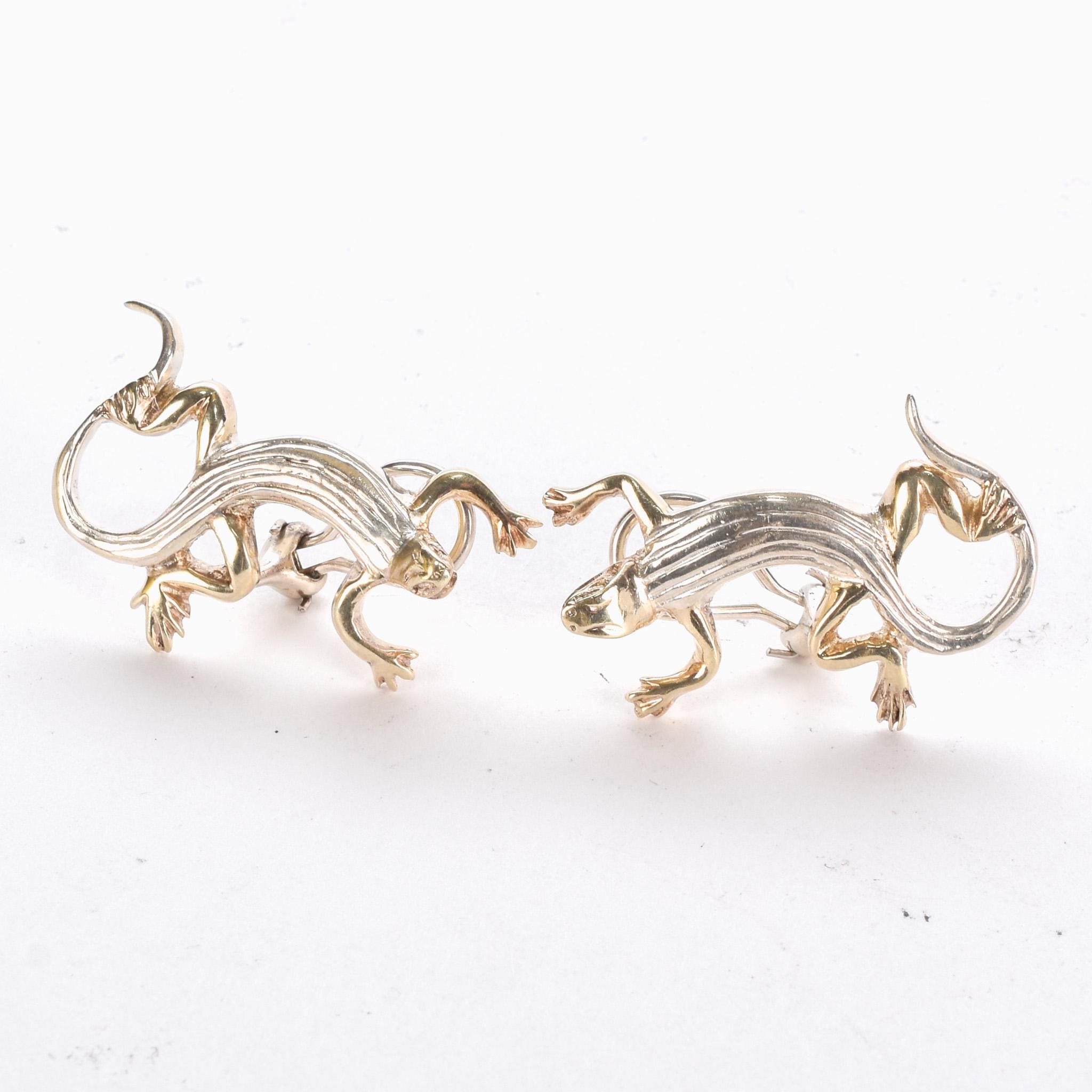 Signed Sergio Bustamante Sterling Silver and Gold Vermeil Lizard Earrings