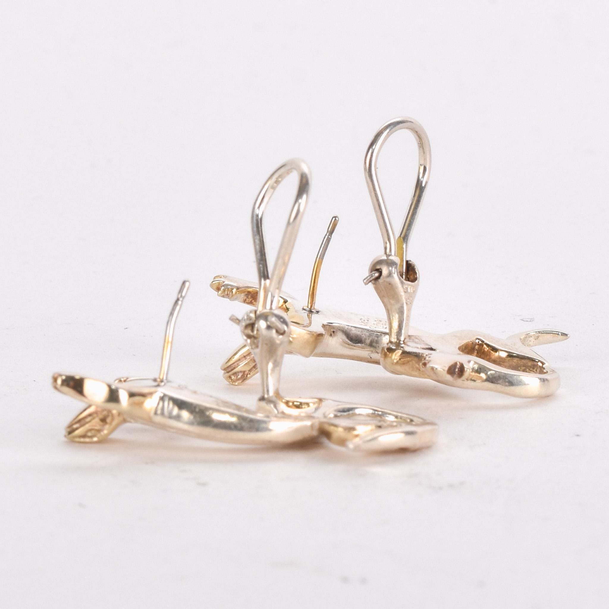 Signed Sergio Bustamante Sterling Silver and Gold Vermeil Lizard Earrings