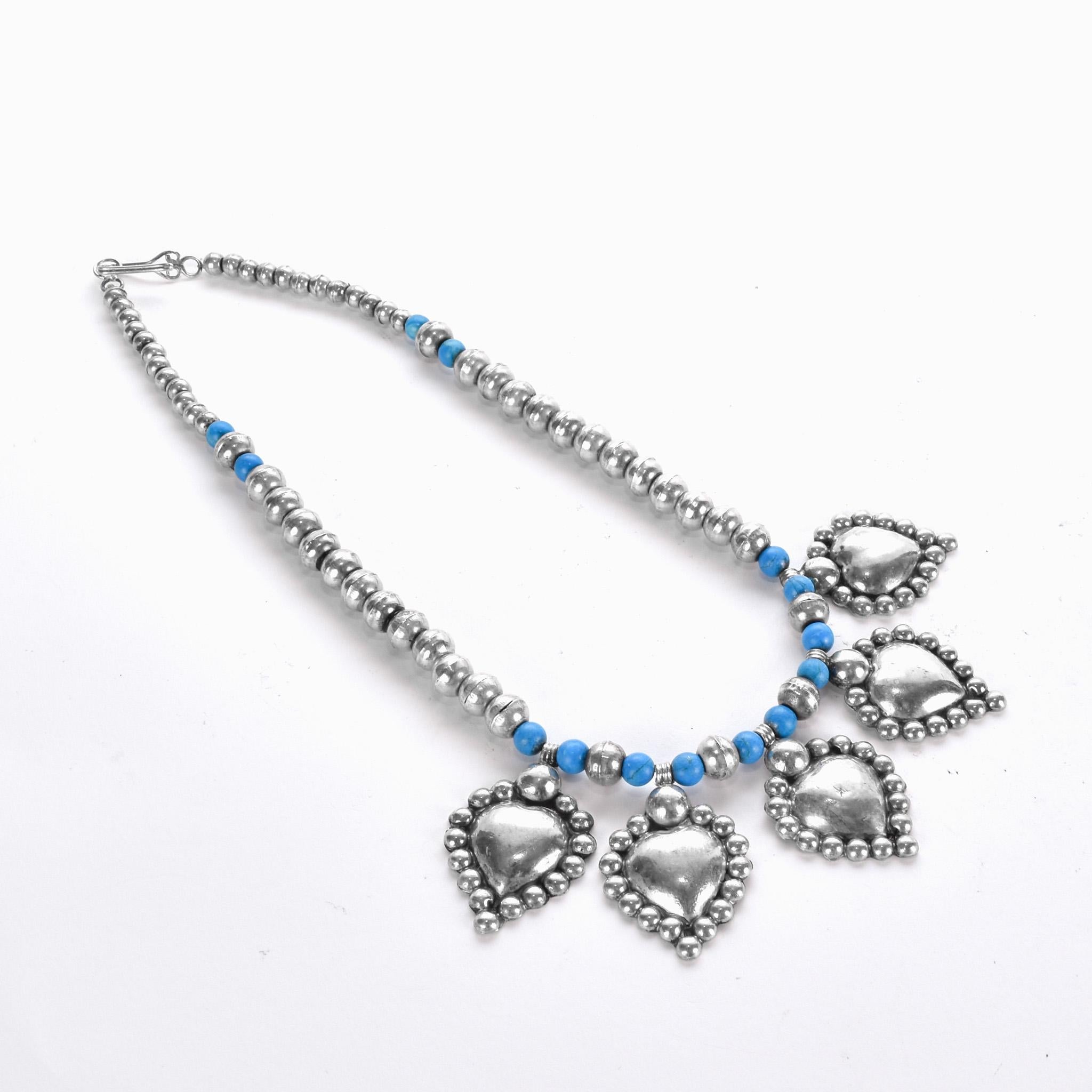 Sterling Silver and Turquoise Beaded Necklace with Large Heart-Shaped Silver Beads