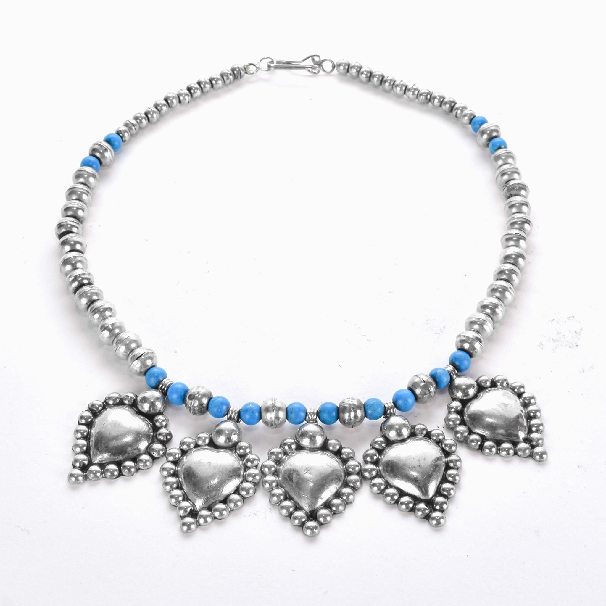 Sterling Silver and Turquoise Beaded Necklace with Large Heart-Shaped Silver Beads