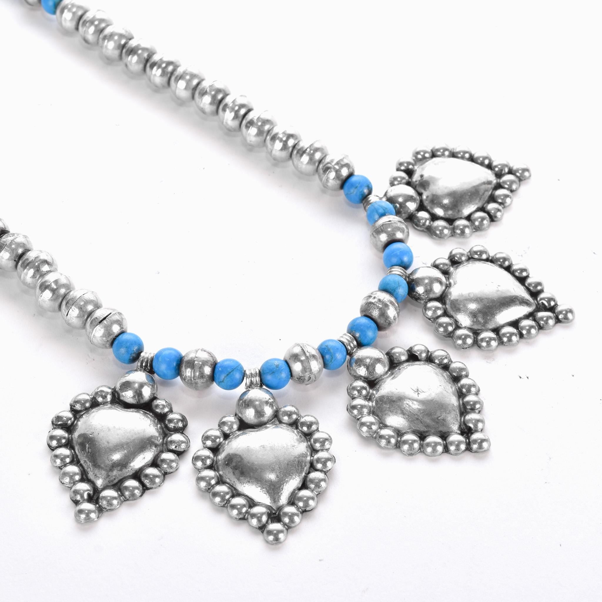 Sterling Silver and Turquoise Beaded Necklace with Large Heart-Shaped Silver Beads