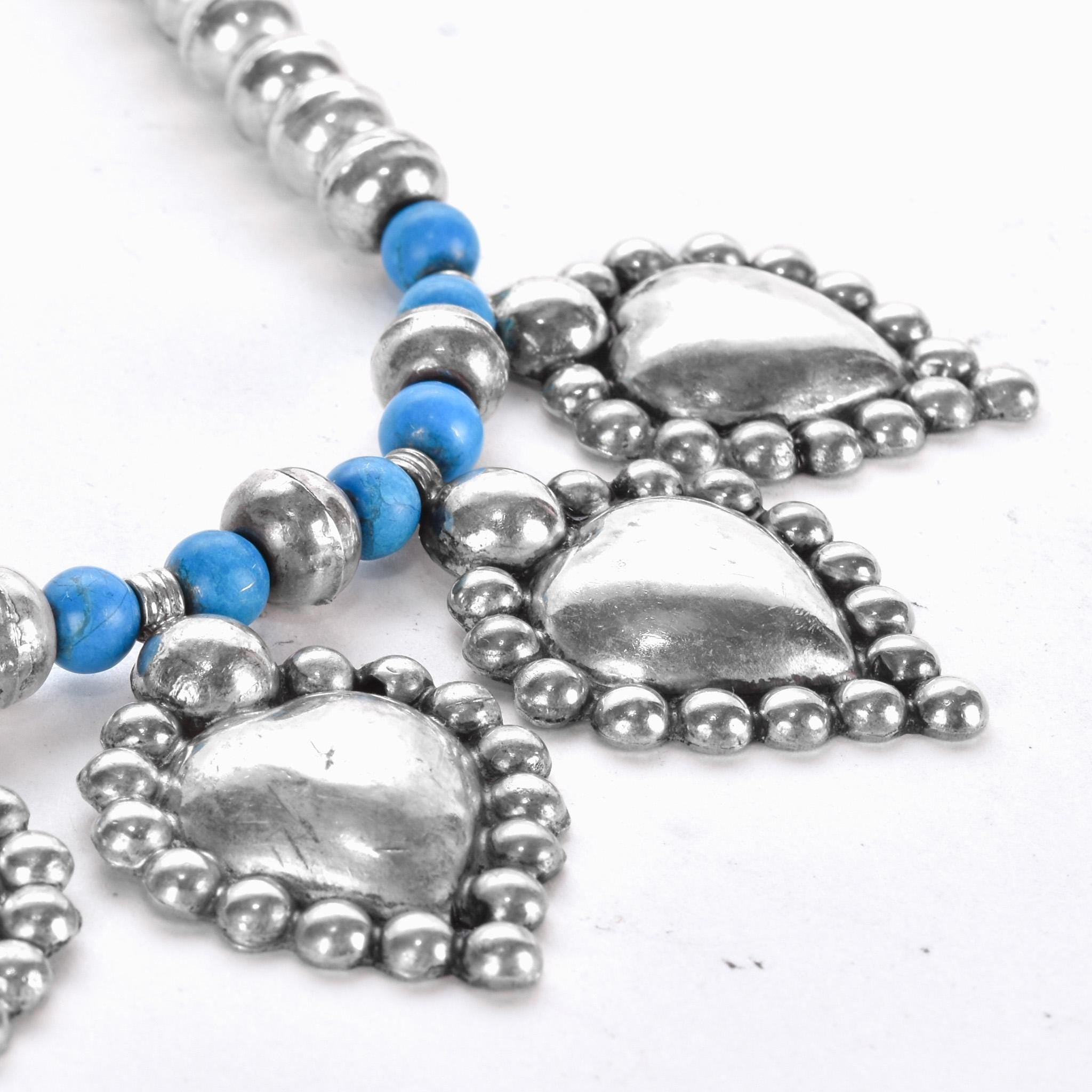 Sterling Silver and Turquoise Beaded Necklace with Large Heart-Shaped Silver Beads