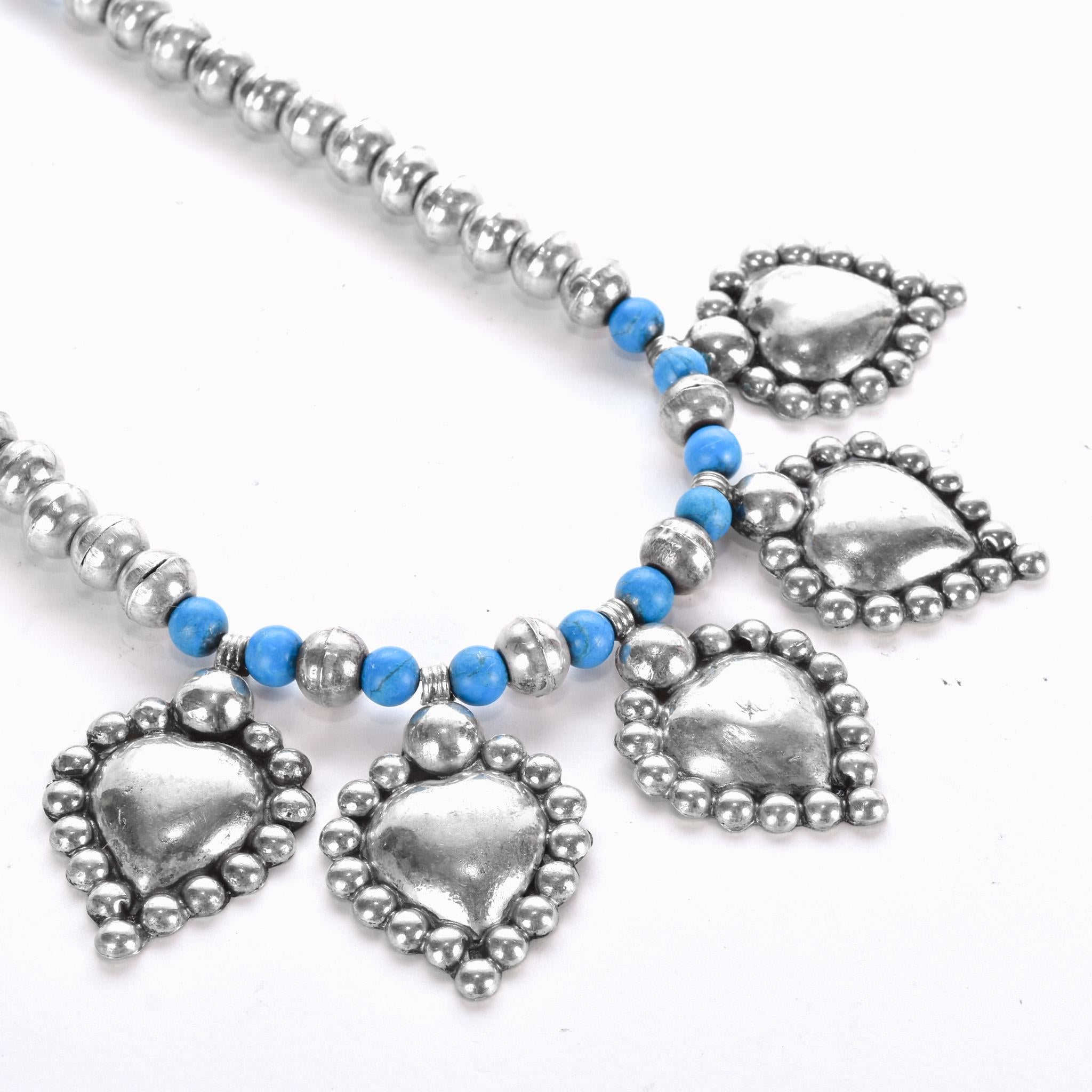 Sterling Silver and Turquoise Beaded Necklace with Large Heart-Shaped Silver Beads