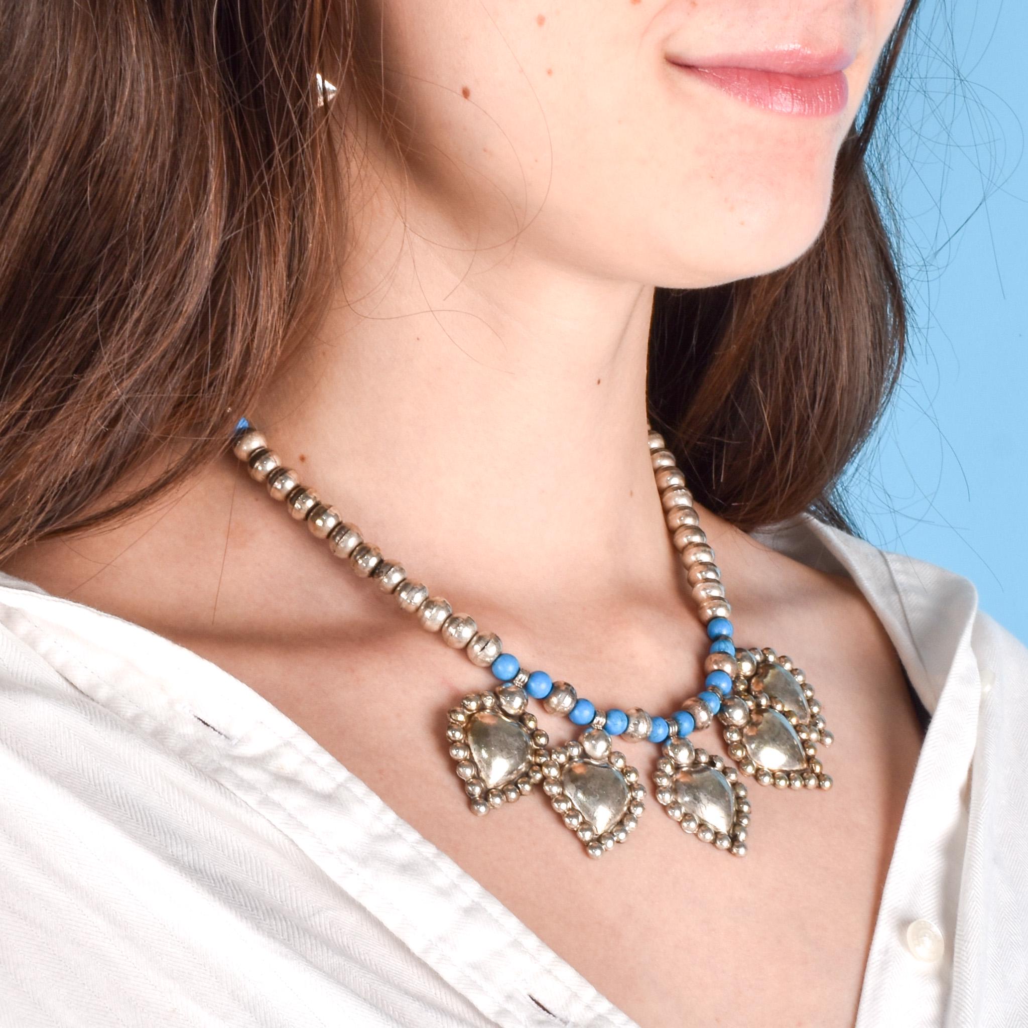 Sterling Silver and Turquoise Beaded Necklace with Large Heart-Shaped Silver Beads