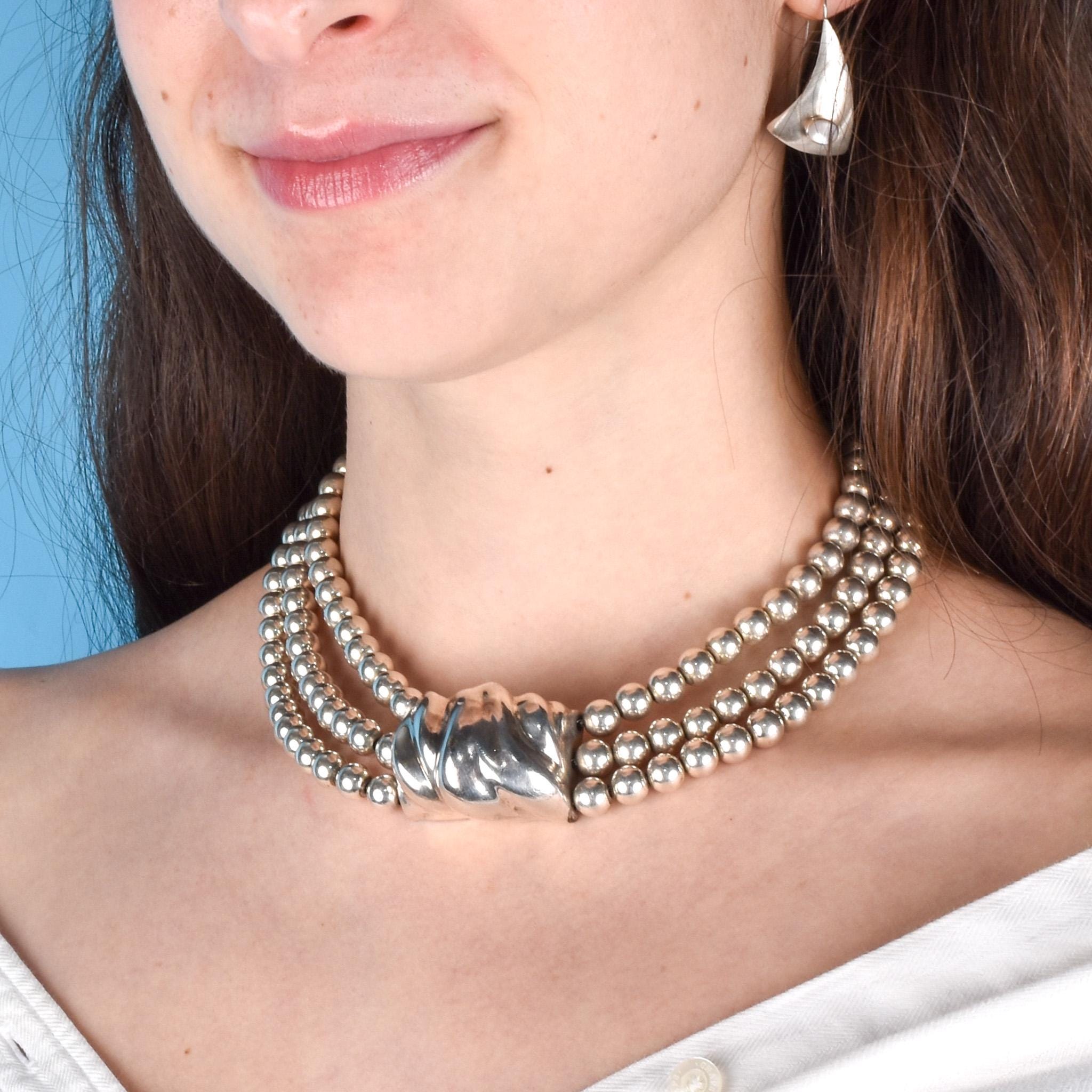 1980s Patricia Von Musulin Sterling Silver Multi-Strand Beaded Torsade Necklace