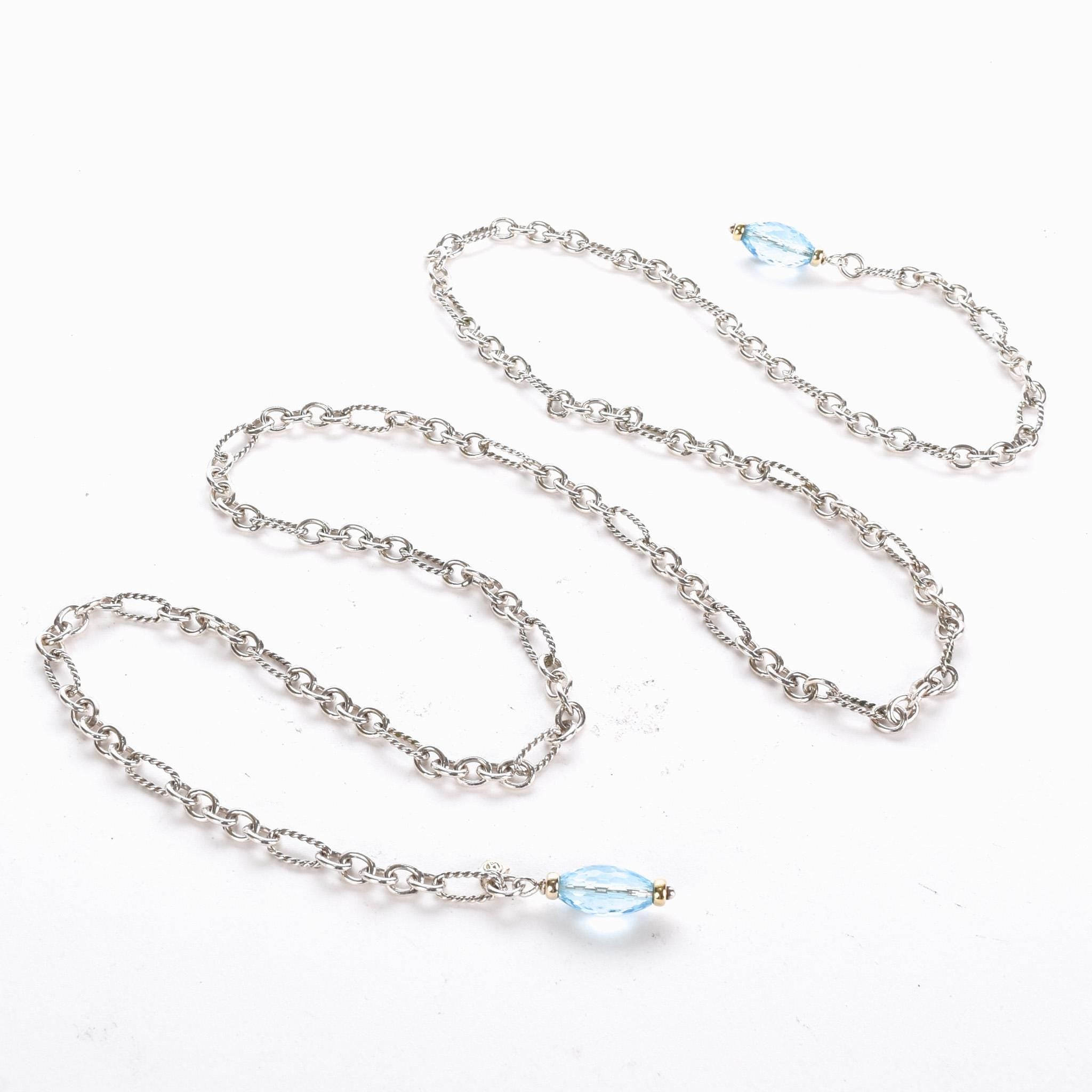 Vintage David Yurman Sterling Silver Wrap Necklace with 18K Gold and Blue Topaz Beads