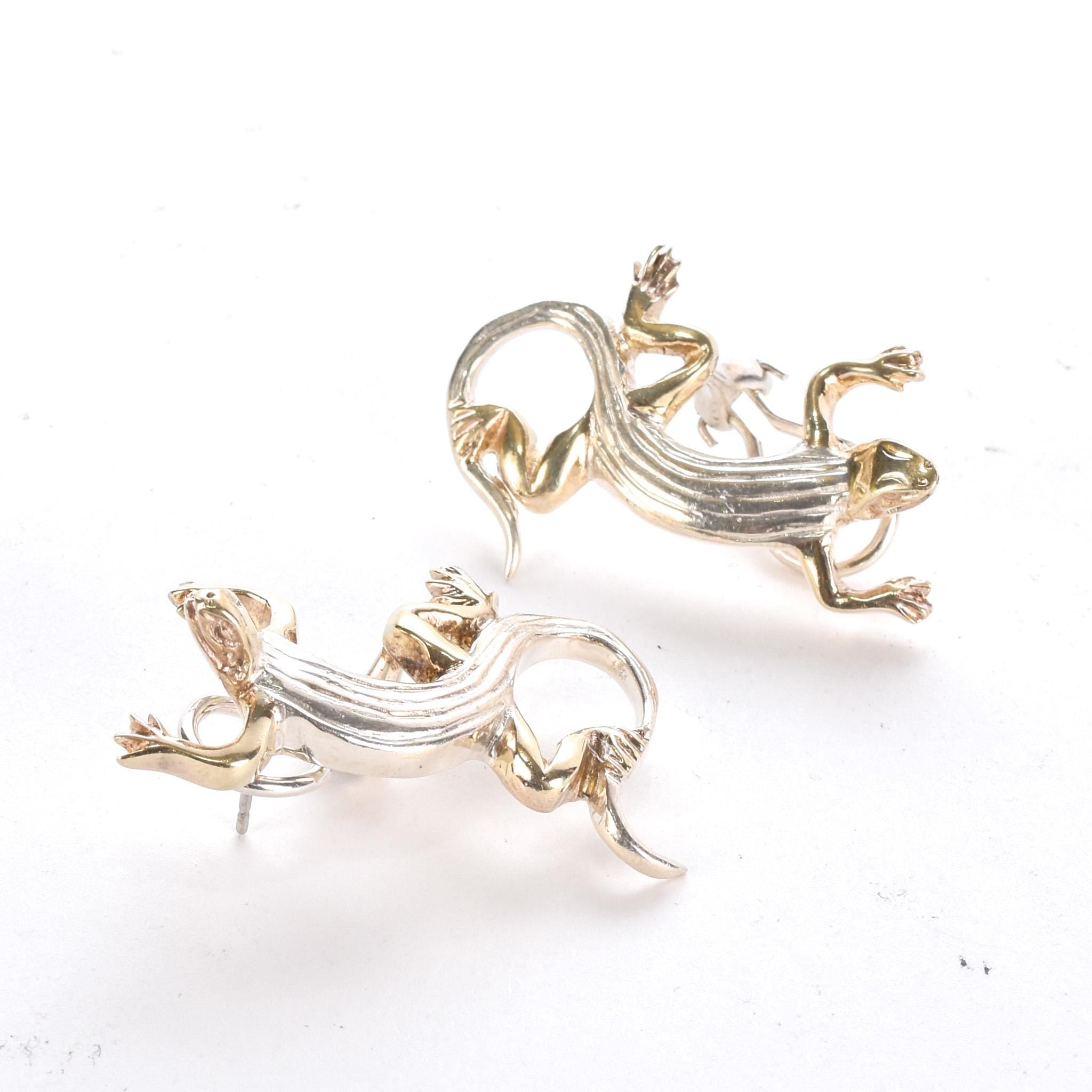 Signed Sergio Bustamante Sterling Silver and Gold Vermeil Lizard Earrings