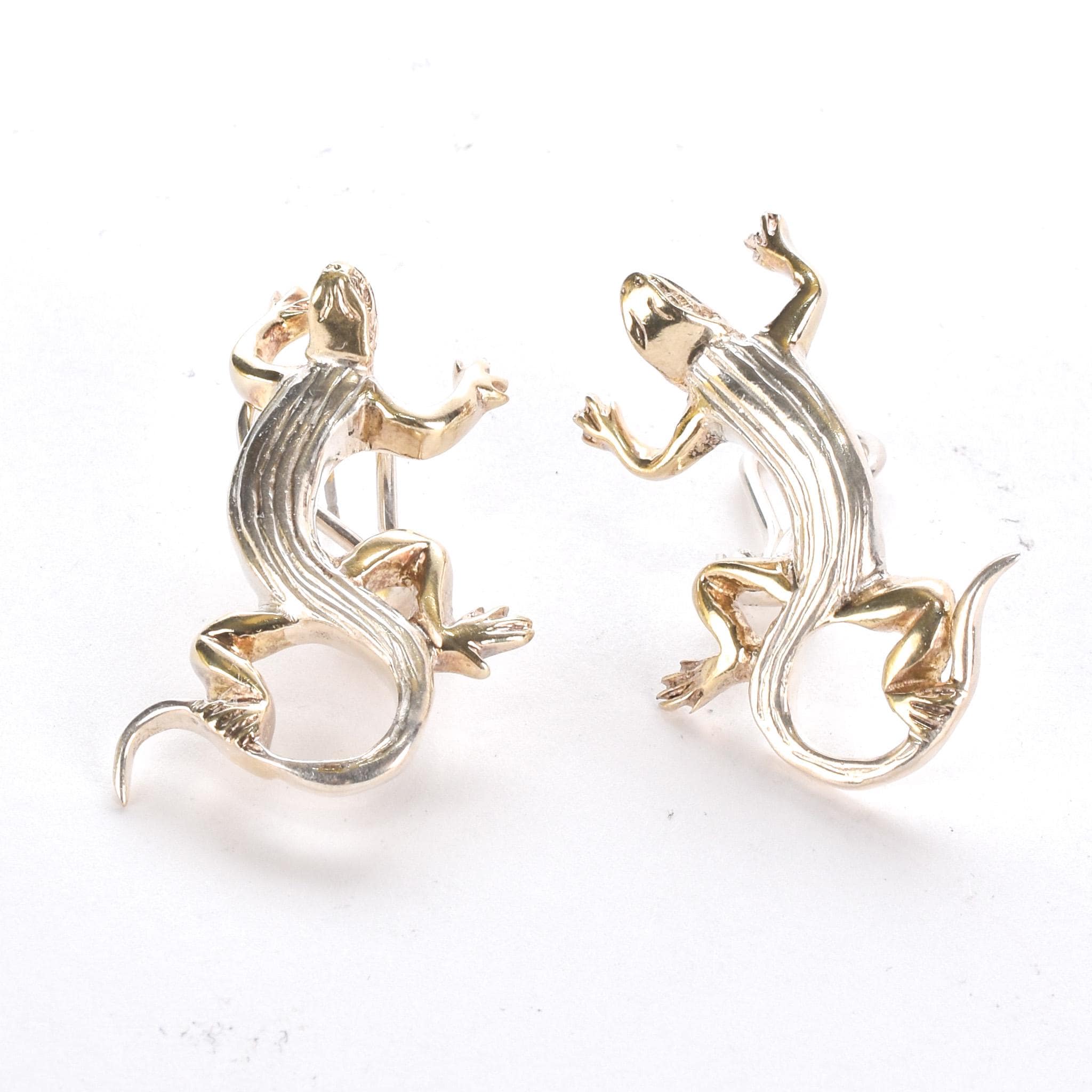 Signed Sergio Bustamante Sterling Silver and Gold Vermeil Lizard Earrings